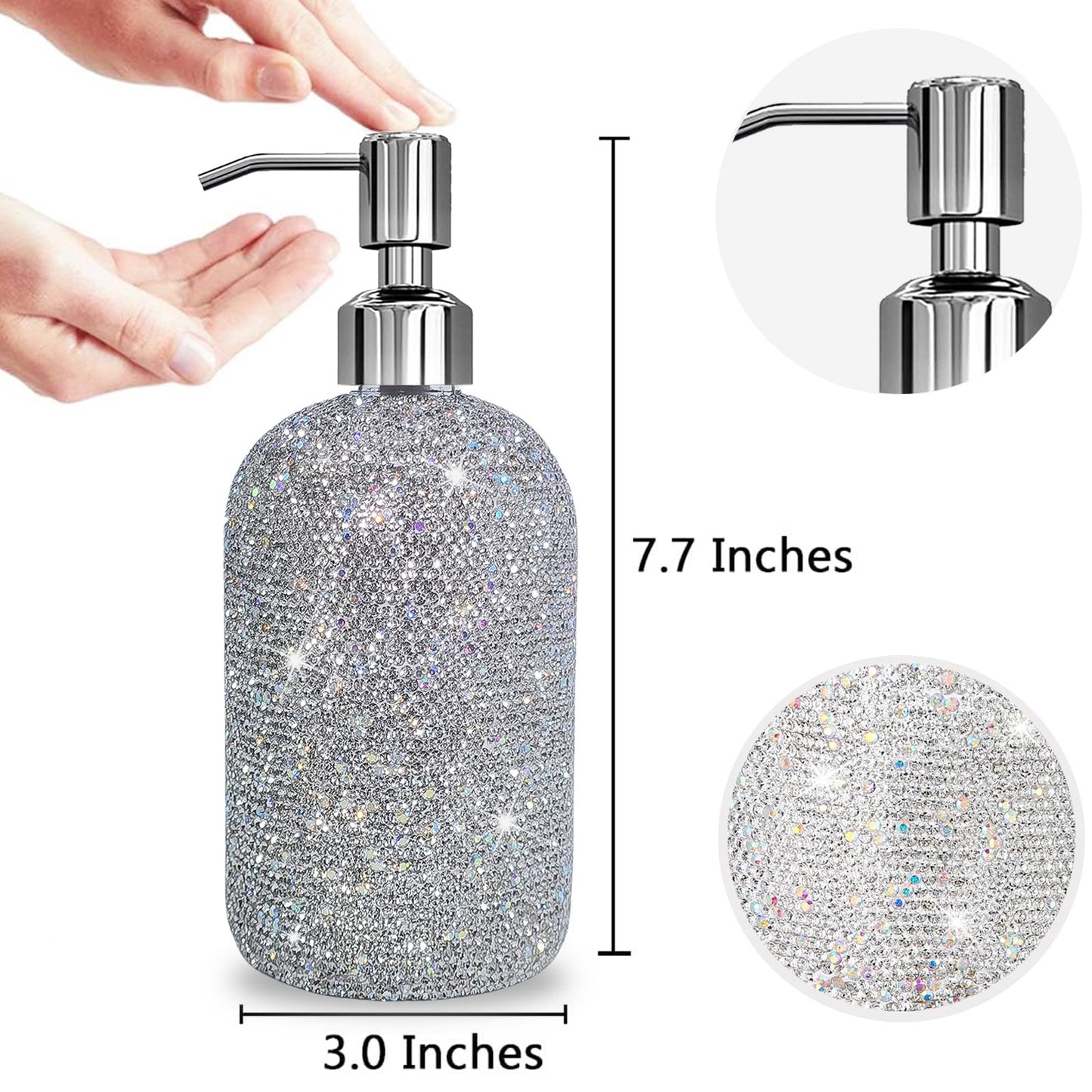 SlowVibes 18Oz Bling Glass Soap Dispenser with Rust Proof Stainless Steel Pump,Refillable Liquid Hand Wash Bottle for Bathroom Kitchen,Sparkle Decorative Shower Dispenser,Rhinestone Lotion Dispenser