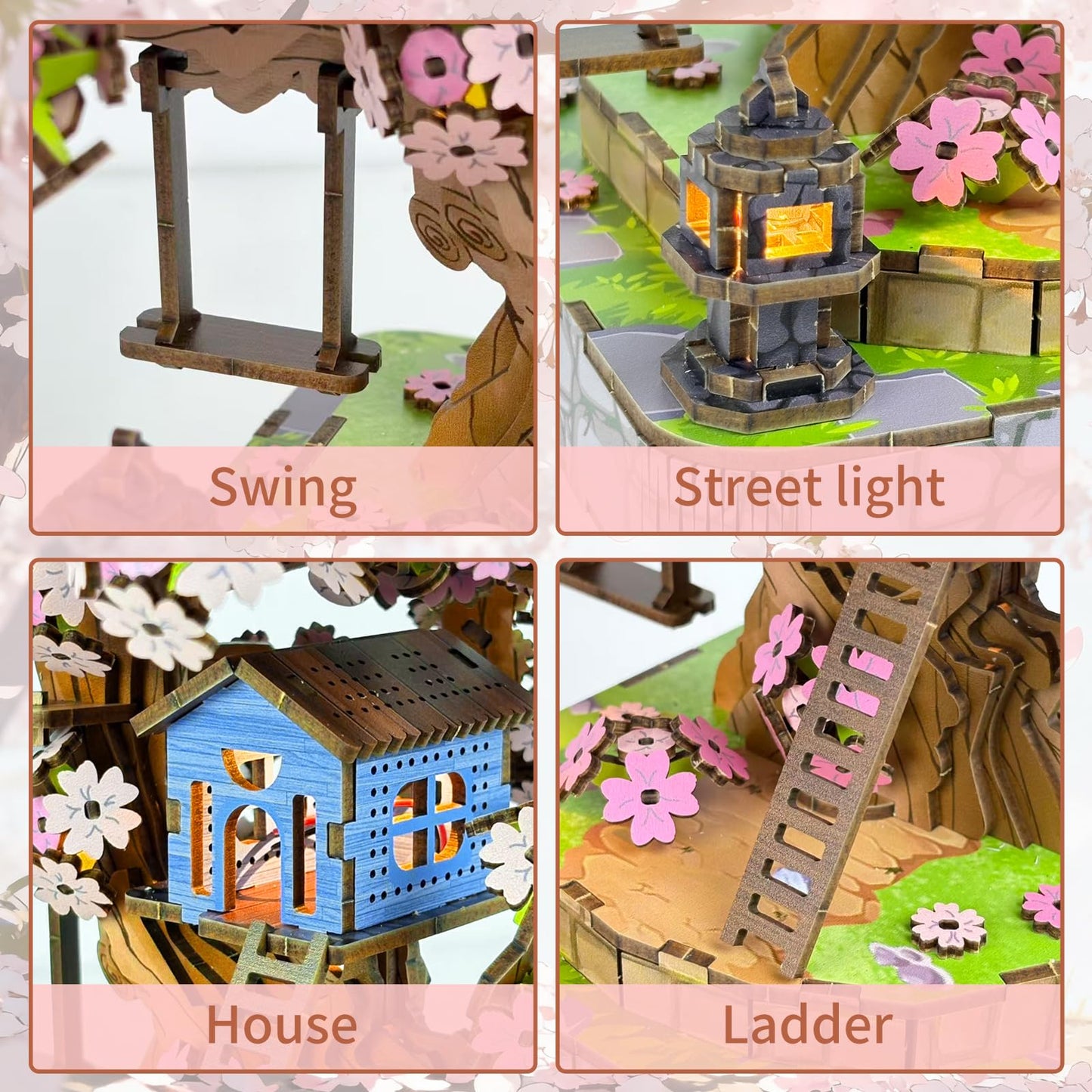 Sakura Tree House DIY Miniature House Kit for Adults, 564PCS 3D Wooden Puzzle with Light, Japanese Cherry Blossom Building Set, Wooden Craft Model Home Decor Gift