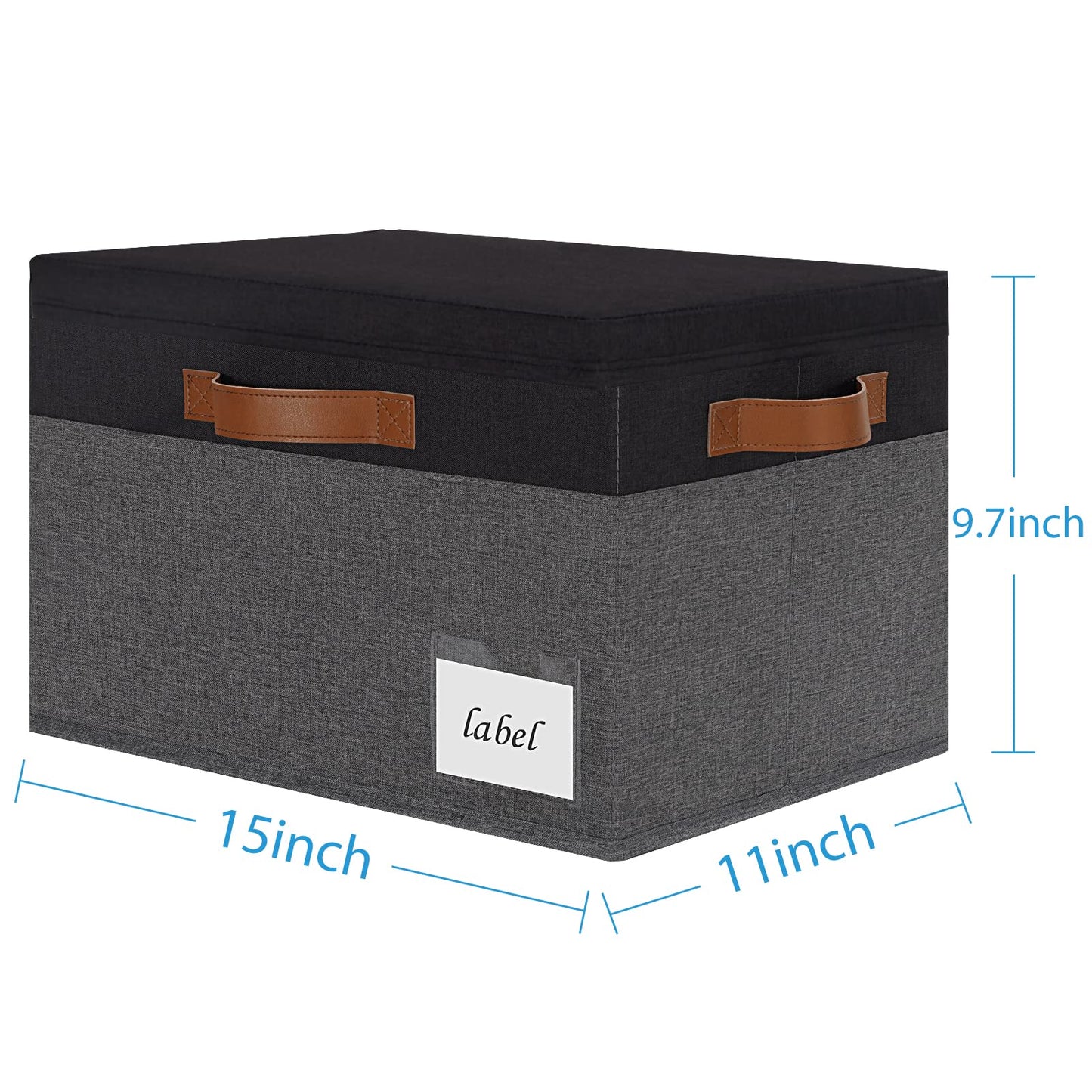 PFFVRP Large Storage Bins with Lids, Foldable Fabric Storage Baskets with Lids, Sturdy Storage Boxes with Labels and 3 PU Handles for Closet Home Bedroom Office (26L, 3 Packs, Grey&Black)