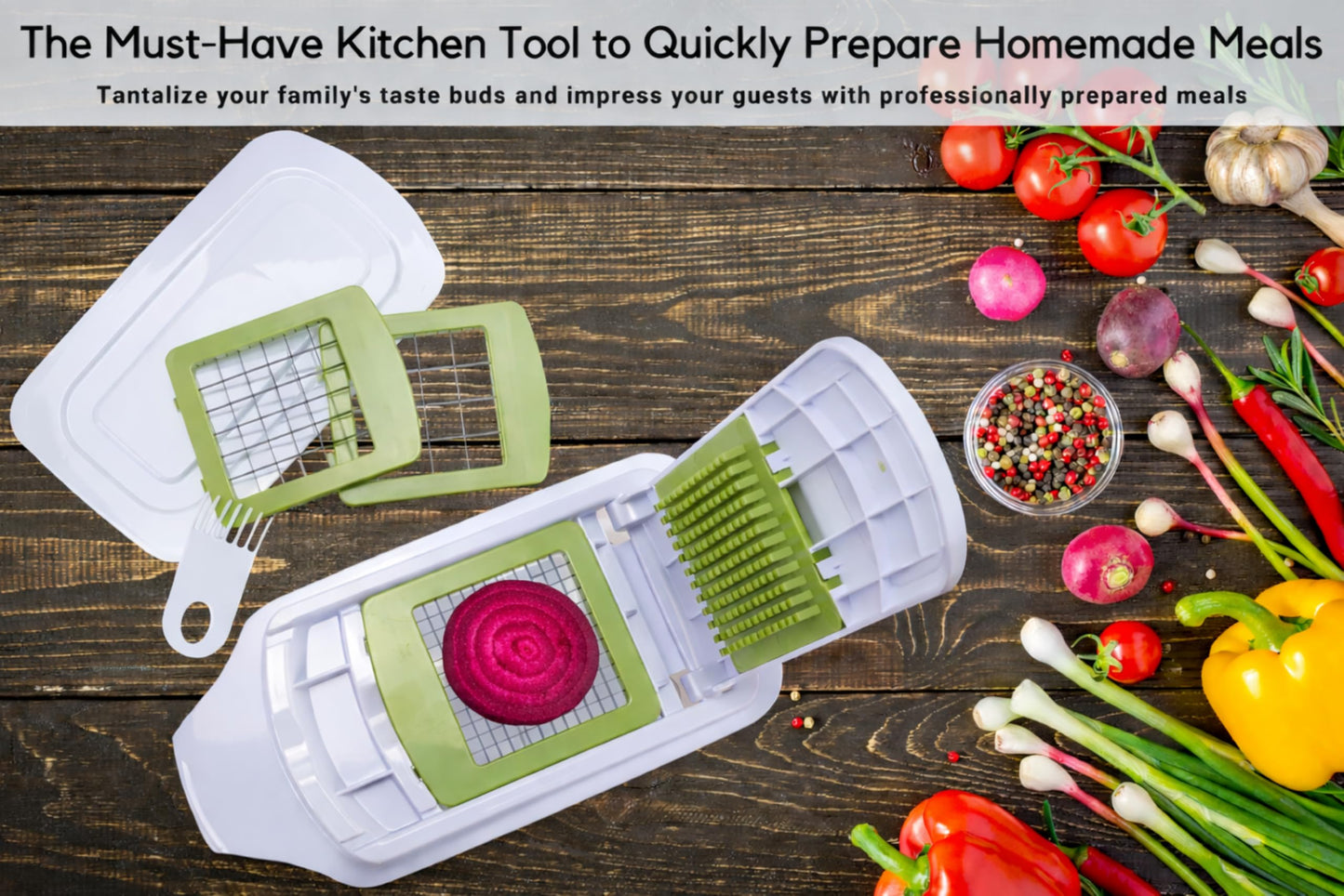 Brieftons QuickPush Food Chopper: Strongest & 200% More Container Capacity, 30% Heavier Duty, For Onion, Fruit and Vegetable Chopping, with 3 Dicer Cutter Blades, Keep-Fresh Lid, and 5 Recipe Ebooks