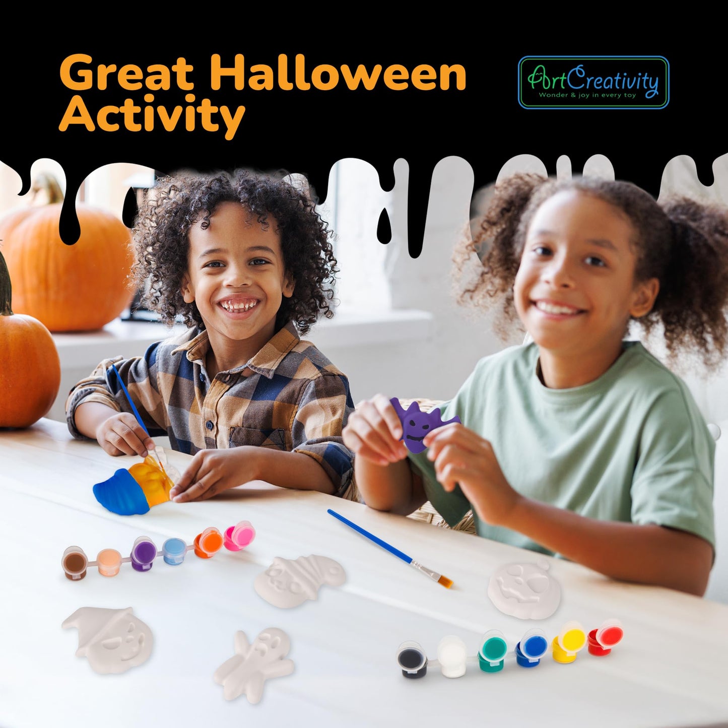 ArtCreativity Halloween Ceramic Fridge Magnet Painting Kit - 6 Pack - Halloween Fall Craft Set Includes Paint, Brushes, Magnets - DIY Home Decor Art & Craft for Beginners - Classroom Gifts Supplies