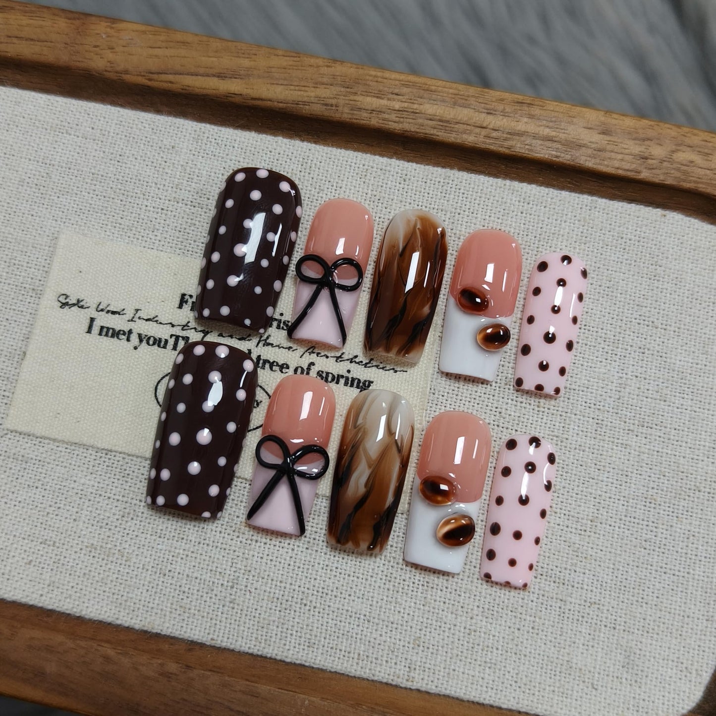 TENPAL Pink Coffee French Tip Press on Nails Medium Square, Polka Dot Ombre 3D Coffee Bean Cute Sweet Girly Reusable Salon False Nails for Daily Wear 10PCS(L)