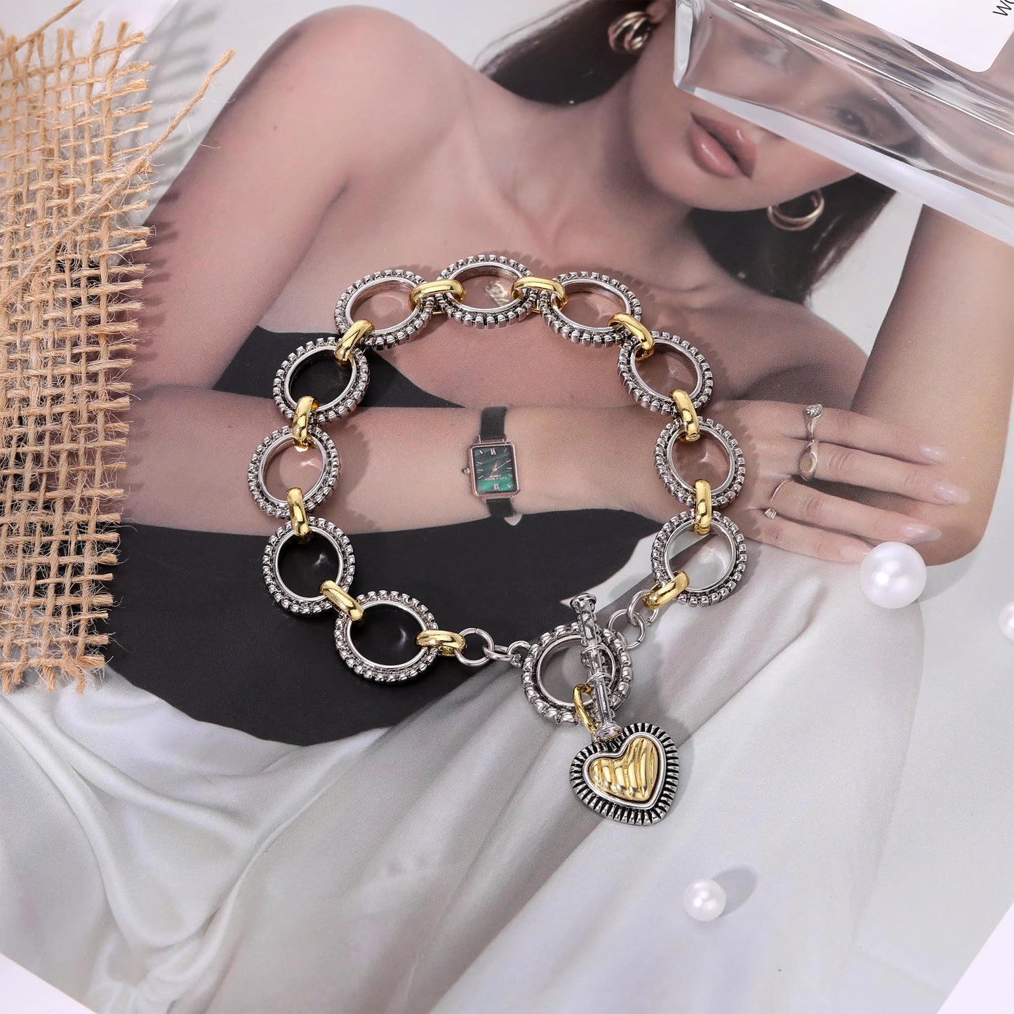 Mytys Chunky Chain Link Bracelet Two-Tone Mixed Metal Textured Toggle Clasp Statement Bangle Bracelet Jewelry for Women Fashion (Gold & Silver 14)