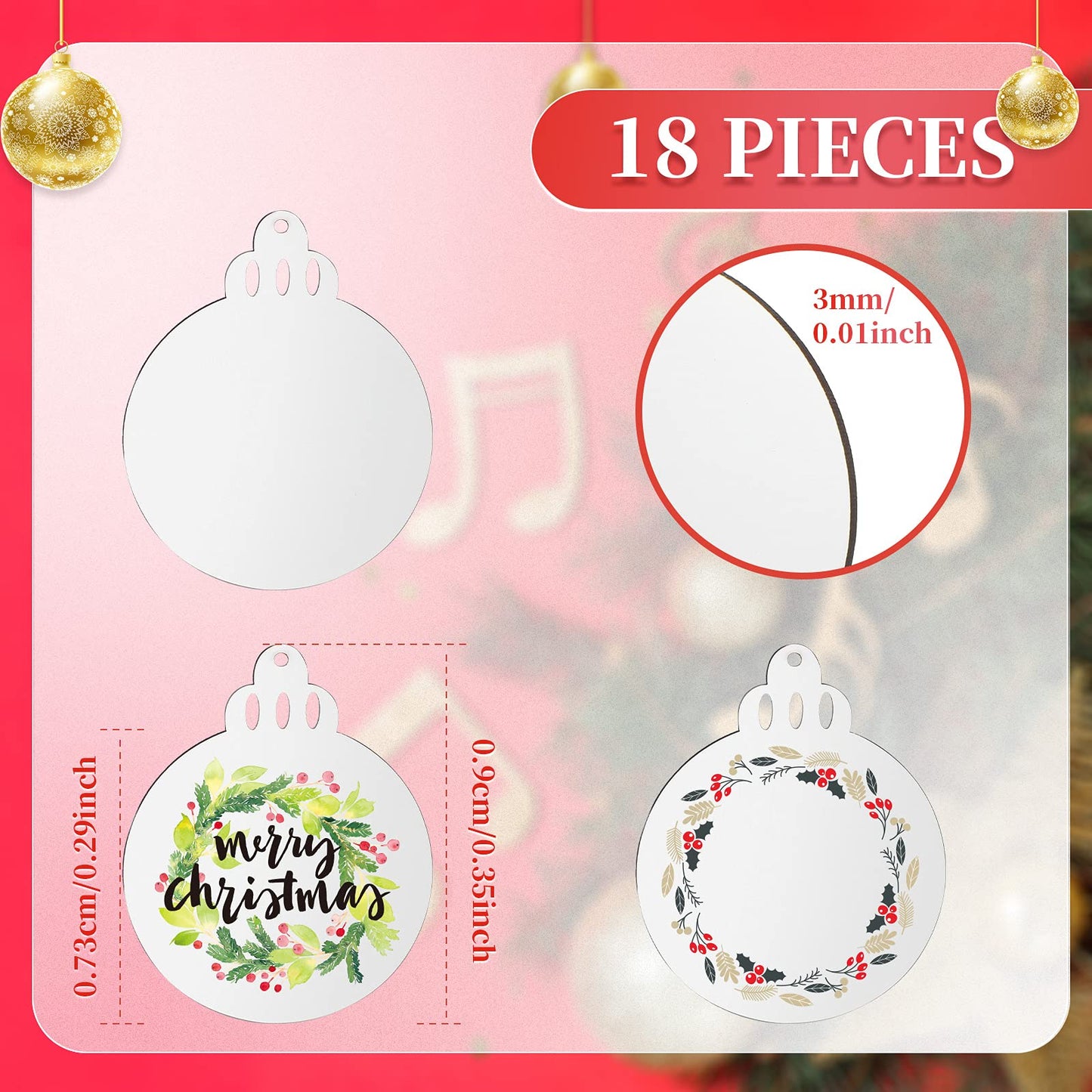 Jetec Christmas Sublimation Blank Pendants Double Side MDF Personalized Heat Transfer Blank Hanging Pendant White Sublimation Ornament with Red Ribbon for DIY(36 Pcs,3.5 x 2.9 x 0.1 Inch)