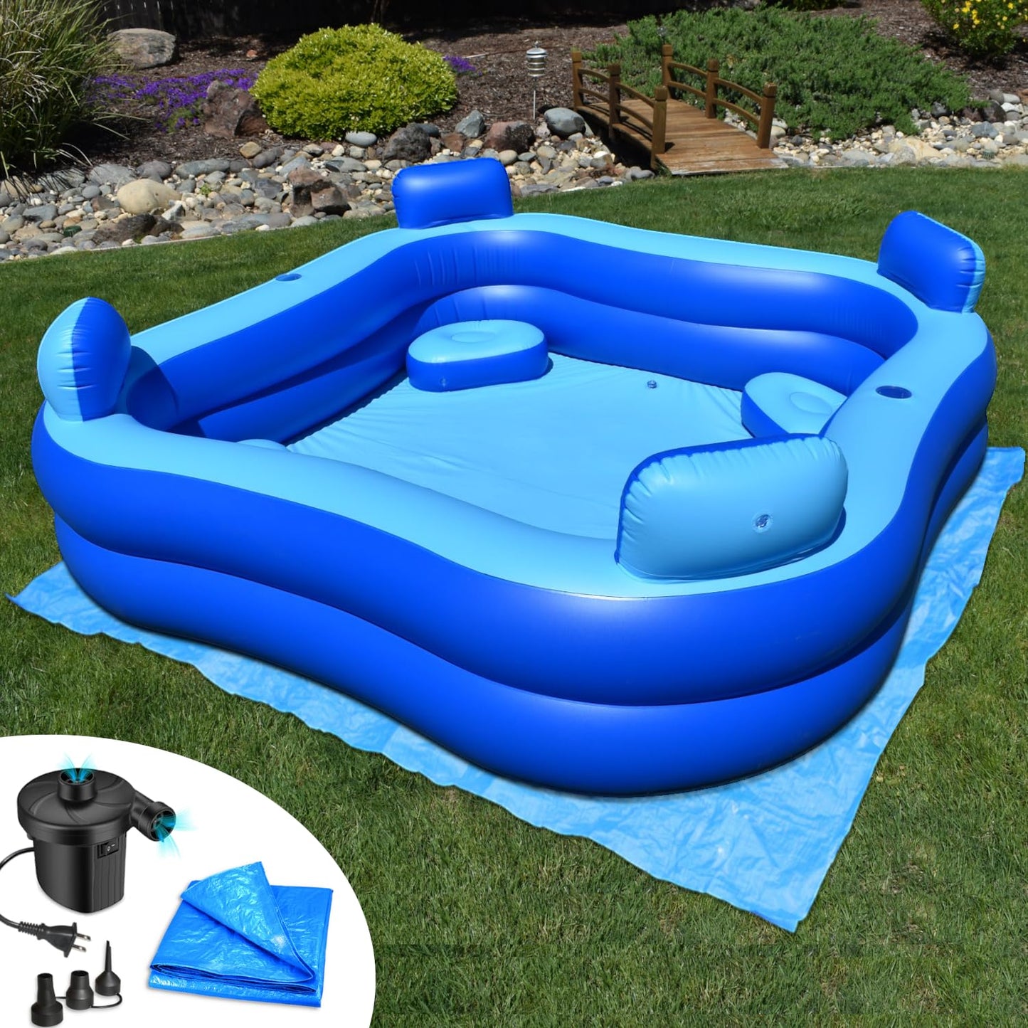 Inflatable Pool w/Seats & Headrests, 8ft x 8ft, Comes with Electric Pump and Ground Tarp Included - Fast Setup and Reinforced Seams