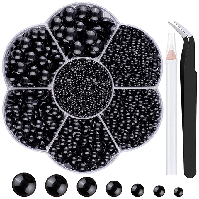 Nail Art Flat Back Half Round Pearl Kits 9, 1 Box of 6000 Pcs Flat-Back Black Pearl with Tweezer and Picker Pencil for Home DIY Nails Body Face Craft and Salon Use