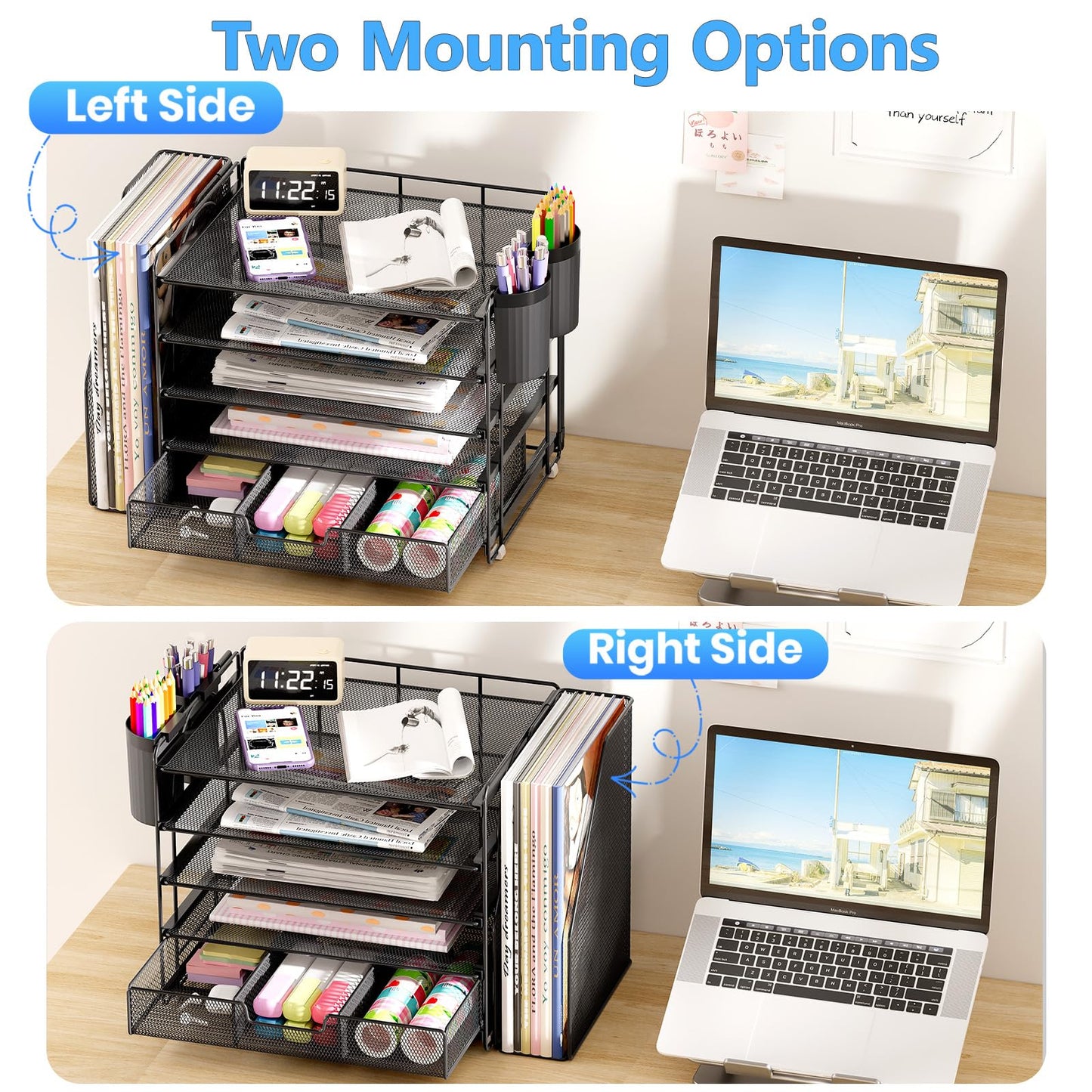 OPNICE Desk Organizer, 5-Tier Paper File Organizer with Drawer & Pen Holder, Office Desk Accessories, Workspace Desktop Organizer for Office Supplies(Black)