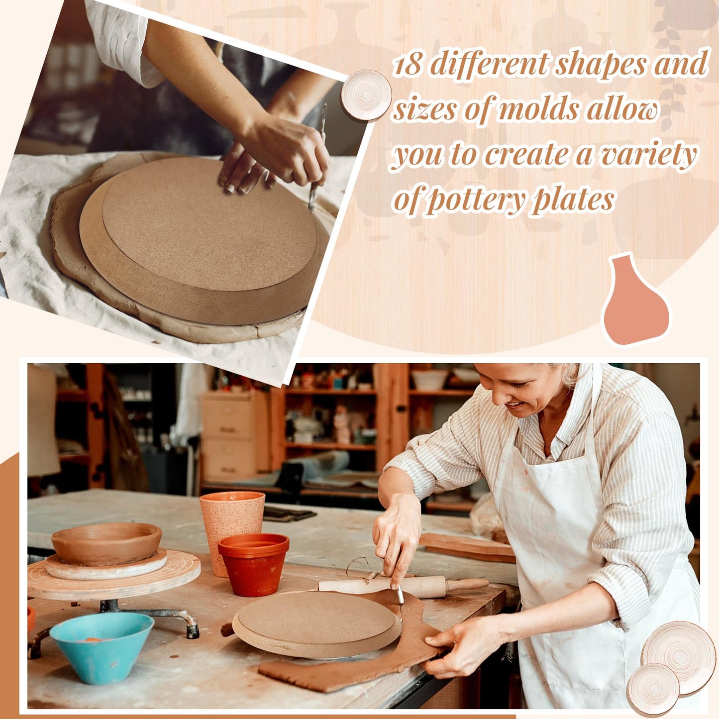 Sunnychicc 18 Pcs Ceramic Mold for Clay Wooden Pottery Molds for Clay Slump for Pottery Ceramic Plate Tools for Handbuilding Dish Plate, 6 Shapes, 18 Sizes