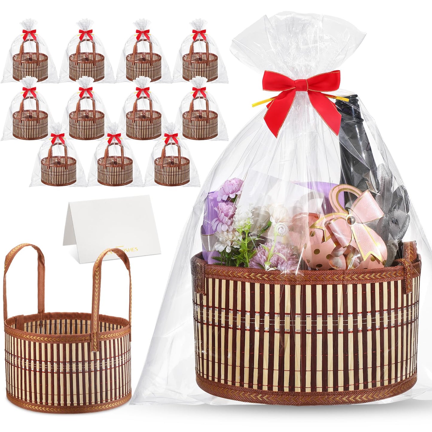 Weysat 12 Set Baskets for Gifts Empty Graduation DIY Bulk Large Woven Bamboo Gift Basket Kit with Handle Bow Wrap Bag to Fill for Father's Day Wedding Birthdays Party Wrapping (Brown)