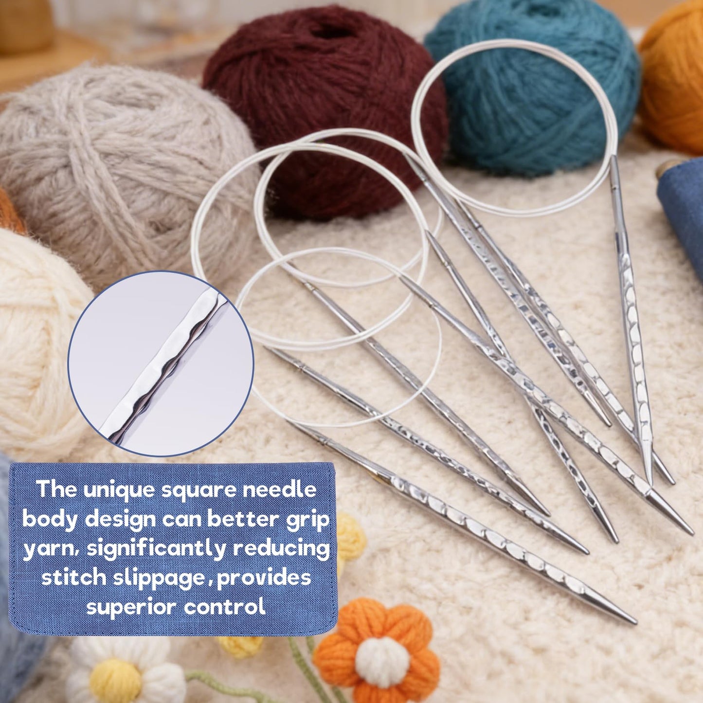BsHooker Interchangeable Knitting Needles Set with Case,8 Pairs Square Aluminum Circular Knitting Needles with 4 Cable,Ergonomic Needles Kit 3.5mm-8mm