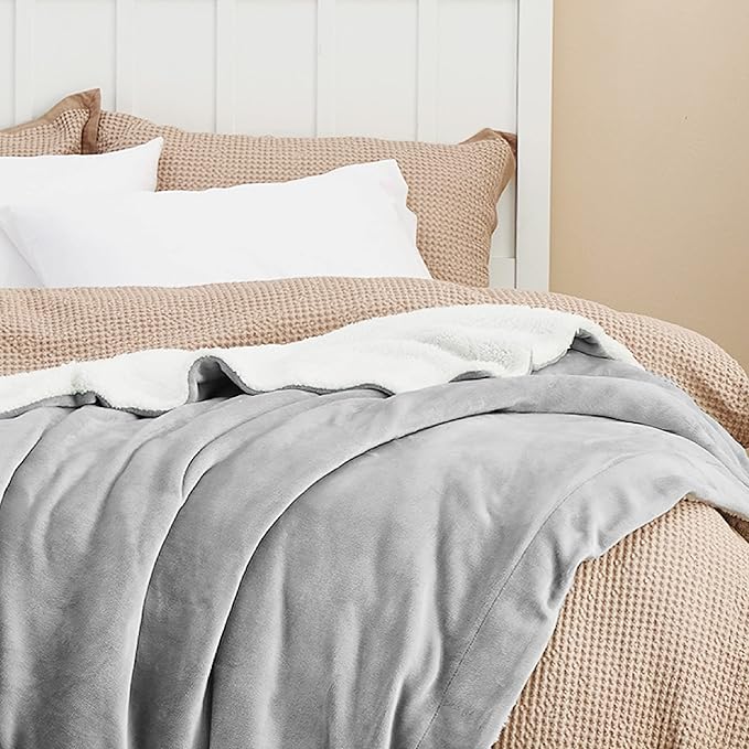 Bedsure Sherpa Fleece Throw Blanket Twin Size for Couch - Thick and Warm, Soft Fuzzy Plush Twin Blanket for Winter, Light Grey, 60x80 Inches