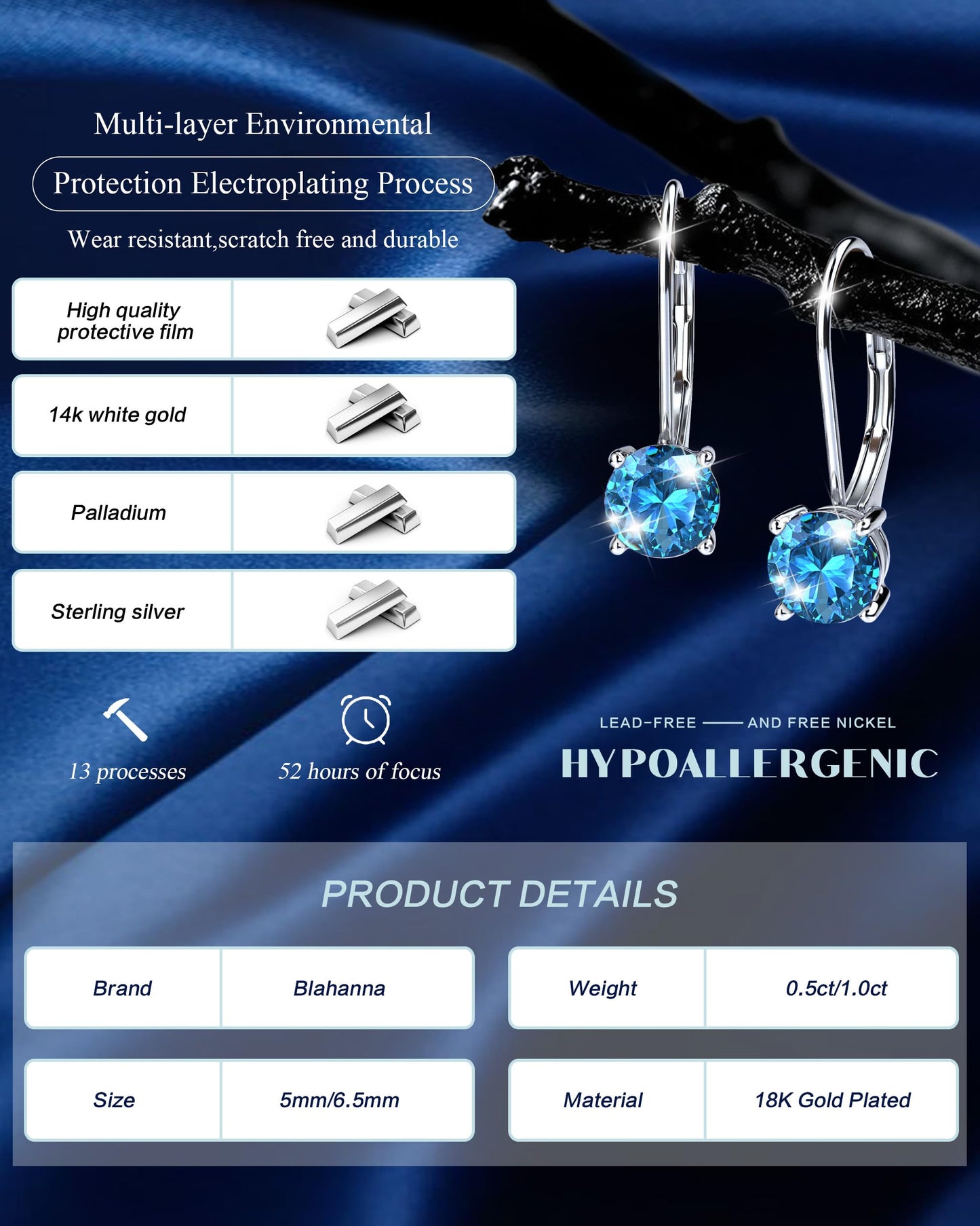 Blahanna Moissanite Earrings,1.0ct-2.0ct D Color Brilliant Round Cut Earrings S925 Sterling Silver Dangle Earrings Moissanite Leverback Drop Earring