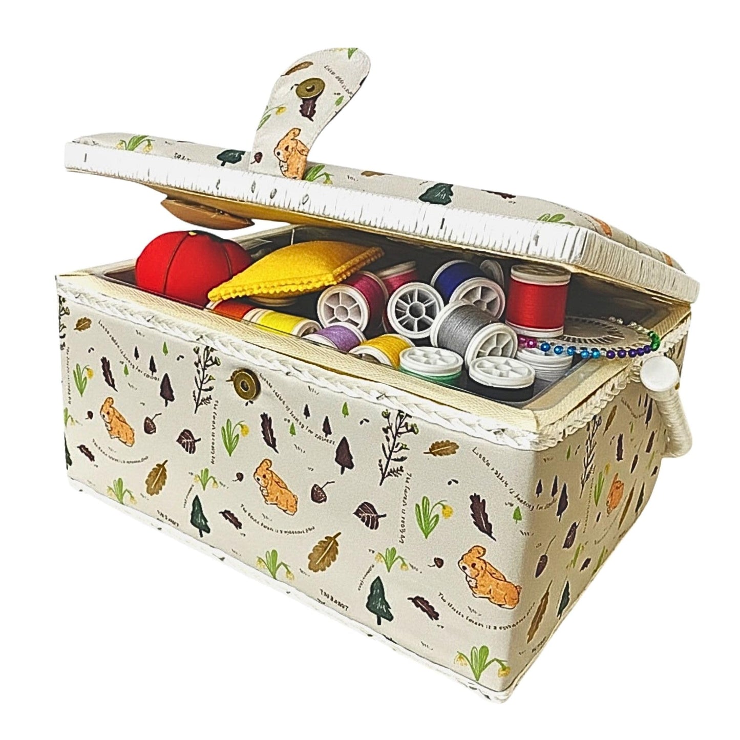 Wooden Sewing Basket Kit with Complete Sewing Tools, Large Box Organizer with Removable Tray and Tomato Pincushion for Hand Sewing and DIY Repairs, Rabbit Forest