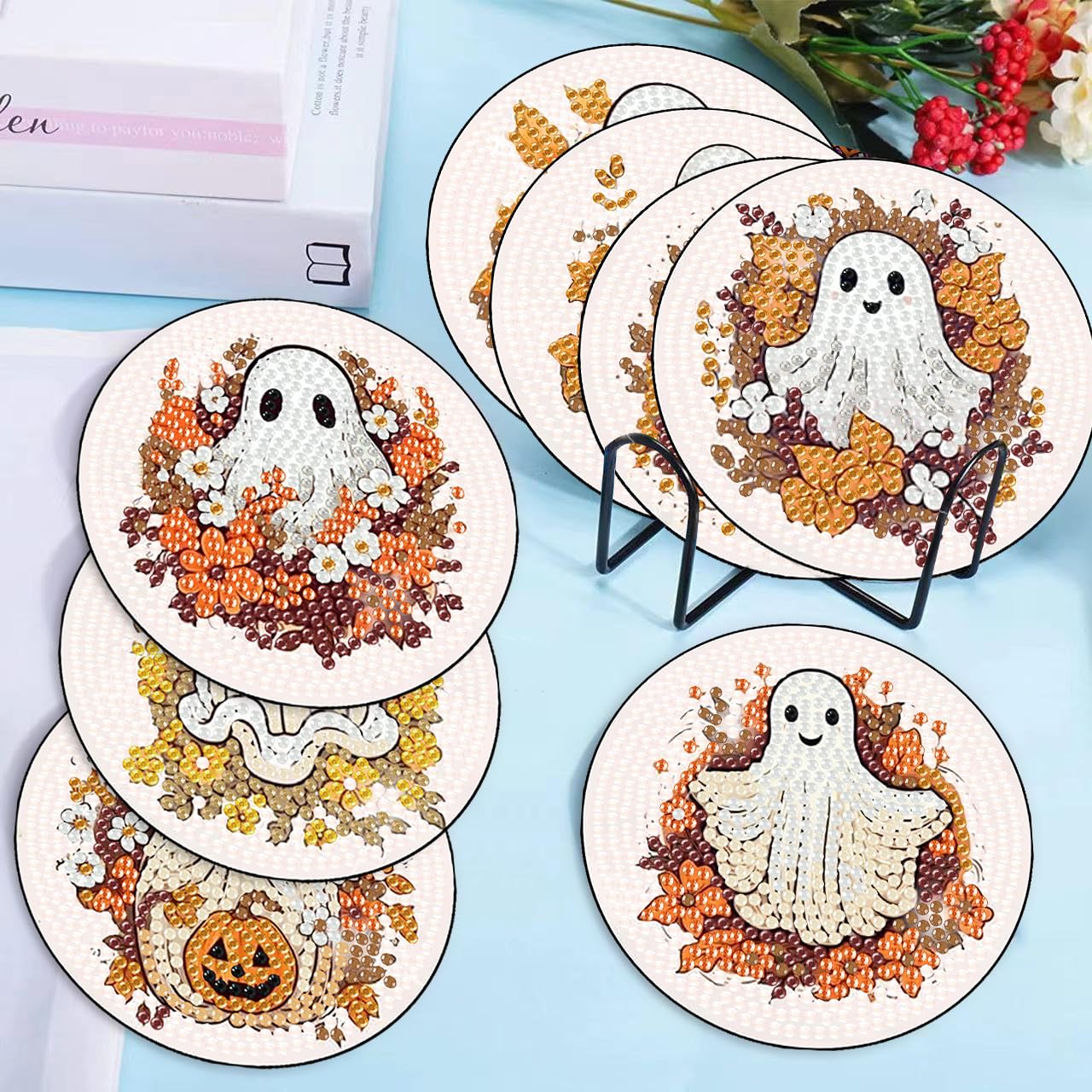 OFDNE Halloween Diamond Paintings Kits with Holder,9Pcs DIY Cute Ghost with Floral Coaster Diamond Art Kits,Fall Full Coasters Diamond Painting Kits for Adults Beginners Art Craft Supplies