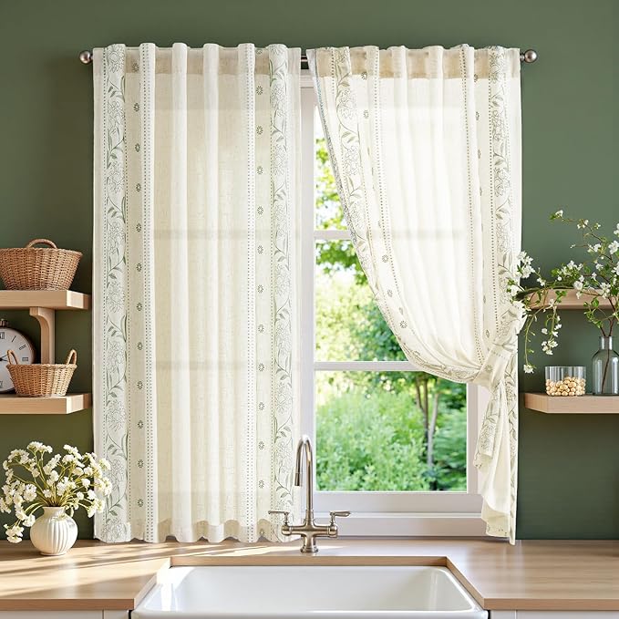 jinchan Winslow Linen Curtains 54 Inch Length Small Window Curtains Embroidered Bordered Floral Drapes Light Filtering for Bathroom Laundry Room Kitchen Farmhouse Decor Sage on Beige 2 Panels