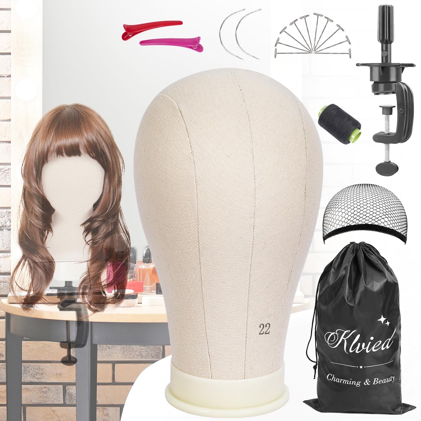 Klvied 22 Inch Cork Canvas Block Head Mannequin Head for Wigs, Wig Head Stand for Display Styling Wigs Making Kit ，Including Doll Head Storage Bag