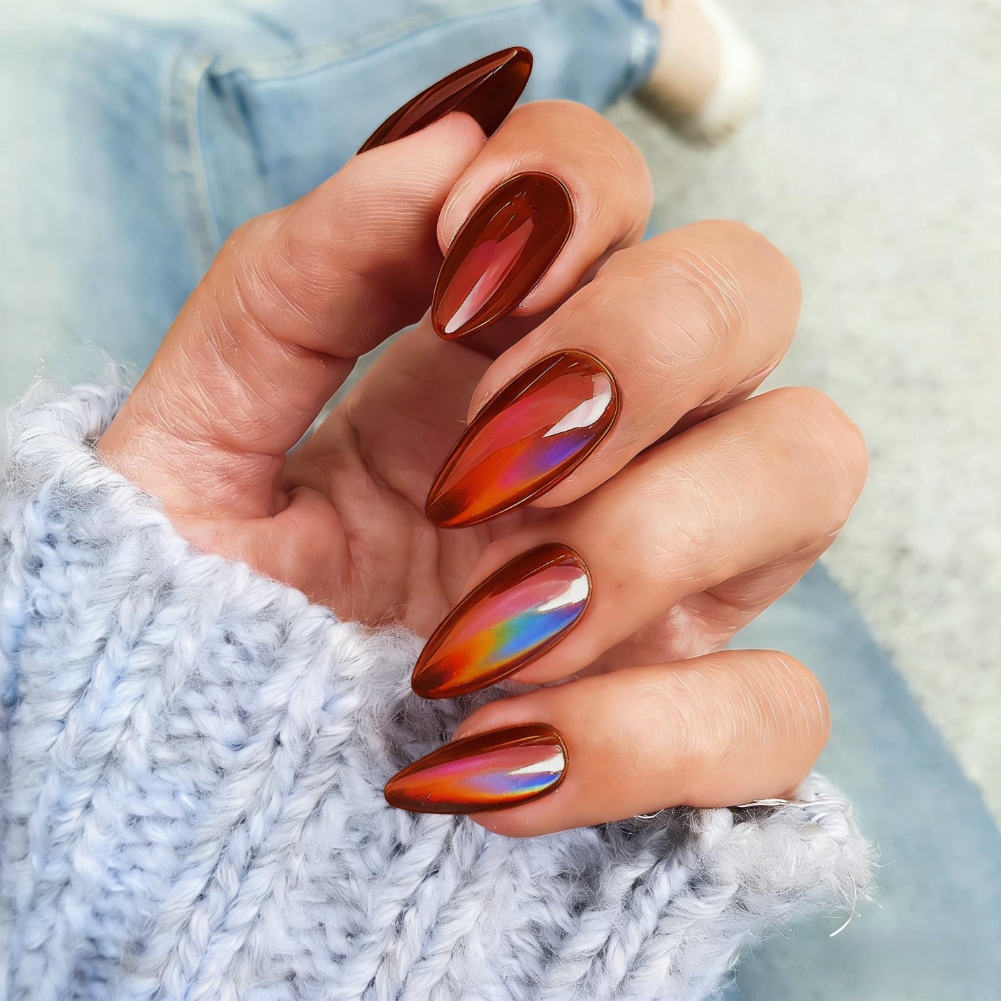 Orange Red Press On Nails Almond - KQueenest Chrome Press On Nails Medium, Pearlescent Peach Fake Nails Press ons, Glitter Glue on Nails Medium Stiletto, Glazed Gel Stick On Nails for Women, 24 Pcs