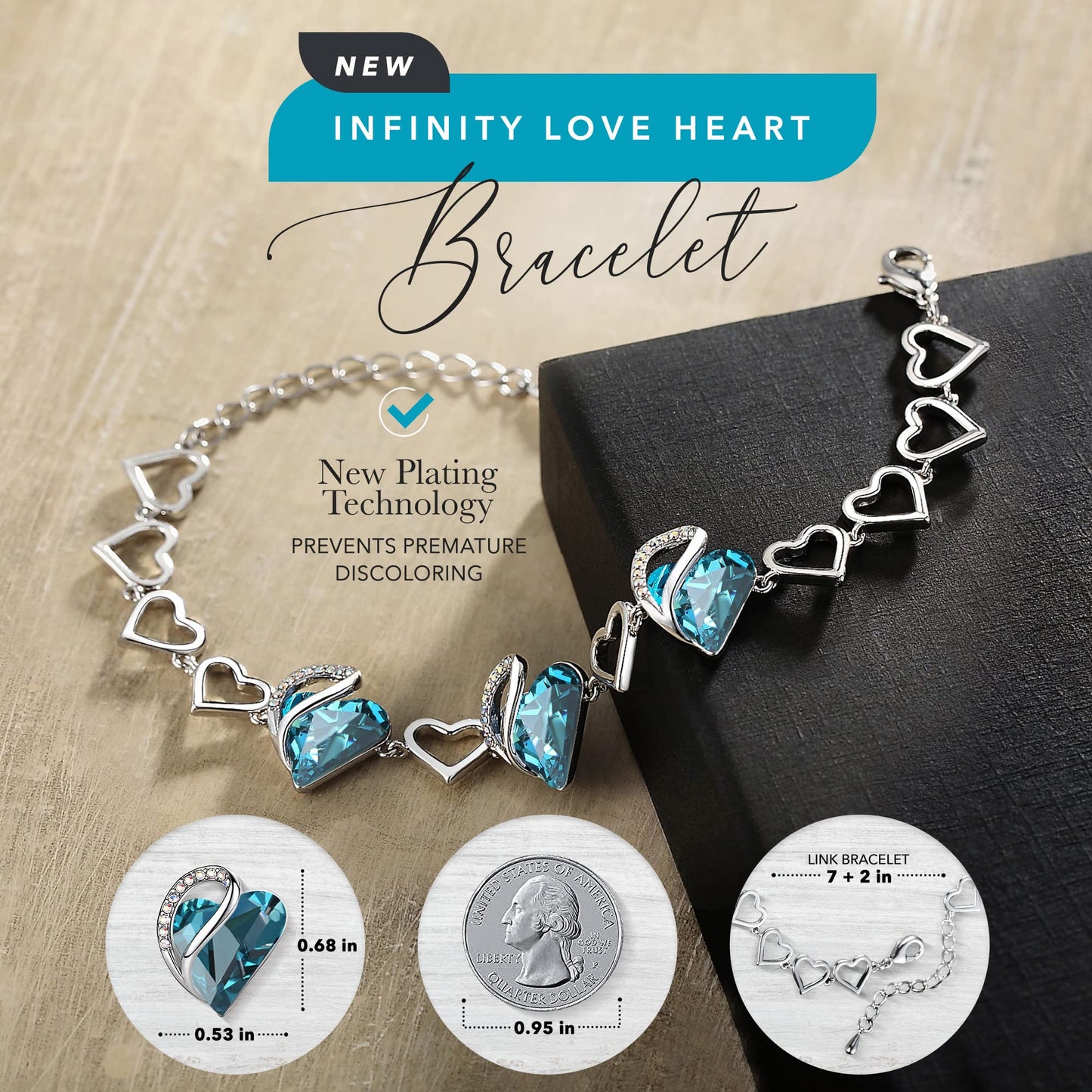 Leafael Infinity Love Heart Gift Bracelet for Women, December Birthstone Crystal, Indicolite Zircon Blue, Silver Tone, 7-inch Chain and 2-inch Extender