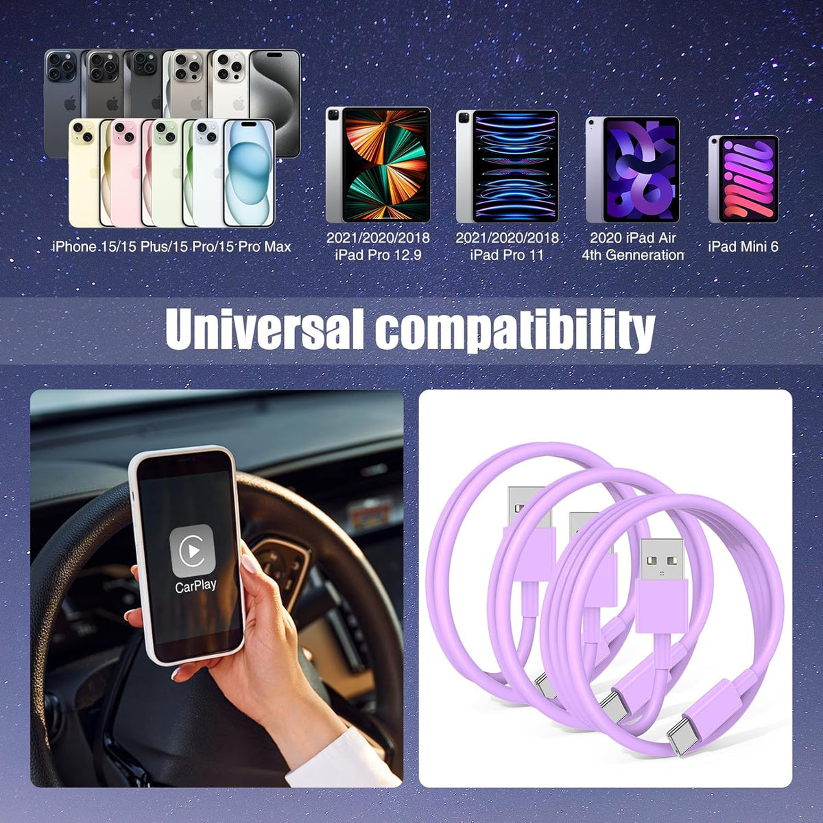 3-Pack Purple [3.3FT+3.3FT+6FT] USB A to USB C Cable，USB to USB C Car Carplay Cable for iPhone 16 15 Pro Plus Pro Max，for iPad Pro/Air/Mini，for Samsung S24/S23/S22/S21，for MacBook Pro/Air and More