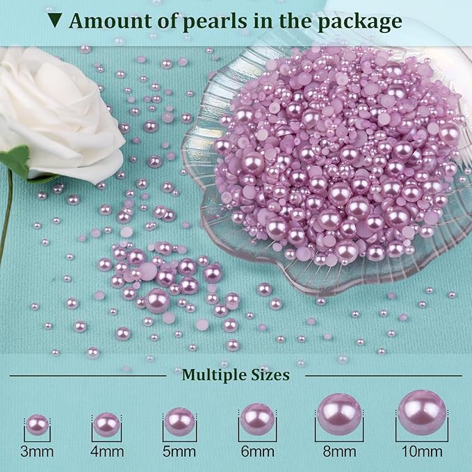 4 Boxes Flat Back Pearls Kit 10 Flatback Light Purple Half Round Pearls 3-10mm with Pickup Pencil and Tweezer for Home DIY and Professional Nail Art, Face Makeup and Craft