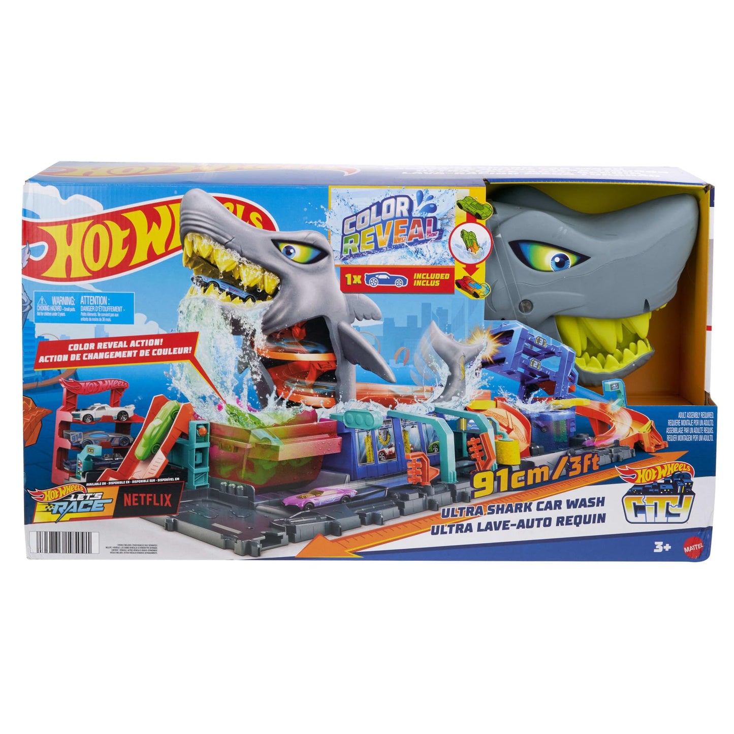 Hot Wheels City Track Set, Ultra Shark Car Wash with 1:64 Scale Color Reveal Toy Vehicle, Repeat Color-Change Feature, Storage