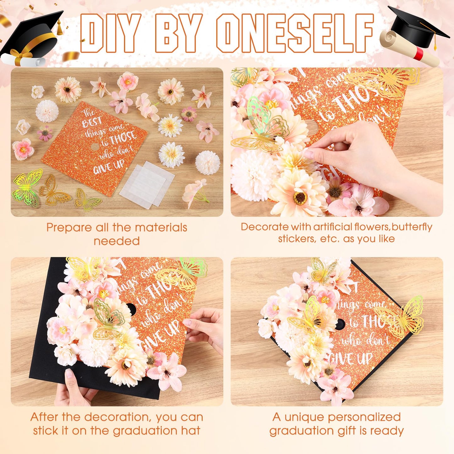 Dunzoom 34 Pcs DIY Graduation Cap Decorations Accessory Kit Artificial Flowers Inspirational Cardstock 3D Butterfly Stickers for DIY Hat Grad Cap Topper Graduation Party Supplies(Orange)