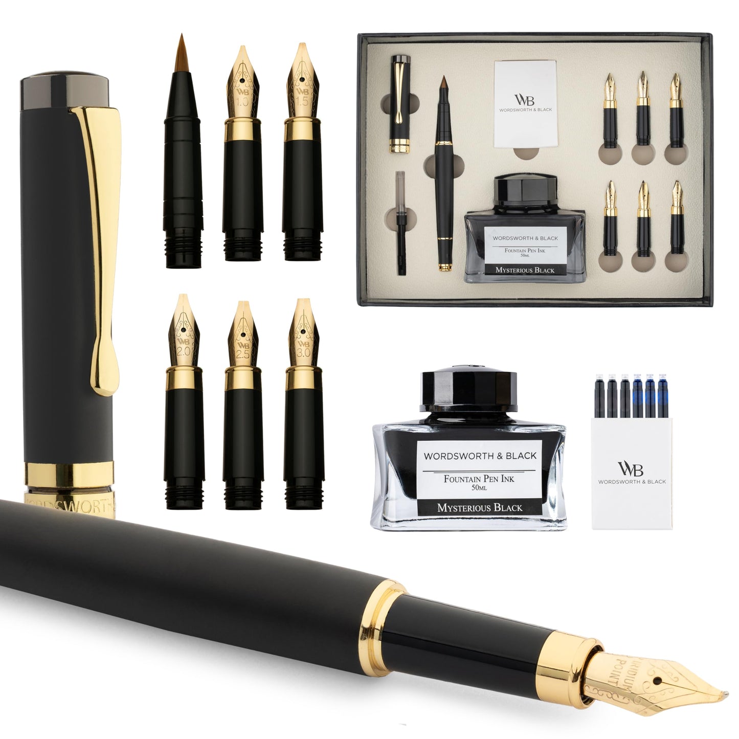 Wordsworth & Black Calligraphy Pen Gift Set, Includes Ink Bottle, 6 Ink Cartridges, Ink Refill Converter, 6 Replacement Nibs, Luxury Bamboo, Journaling, Smooth Writing Pens [Black Wood]
