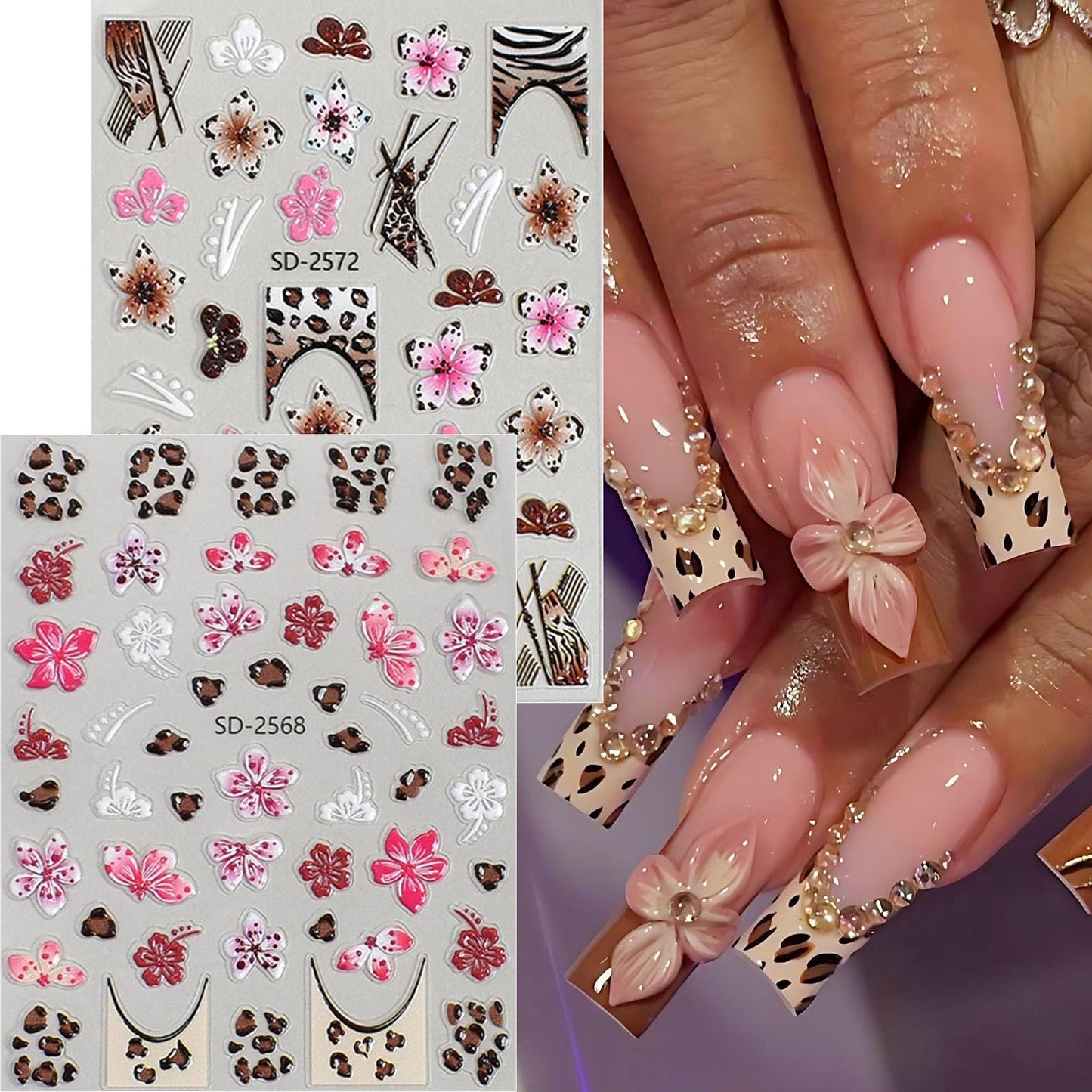French Leopard Print Flower Nail Art Stickers 3 Sheets 5D Embossed Orchid Lily Cherry Blossom Floral Wild Leopard Print Press On Nails Decals Nail Charms Japanese Style Decorations Nail Stuff