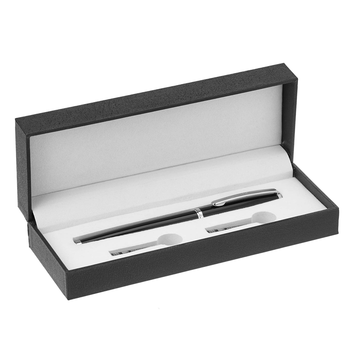 Amazon Basics Refillable Fountain Pen with Smooth Writing, Medium Point, Black Metal Barrel, Black Ink, 2 Replacement Cartridges