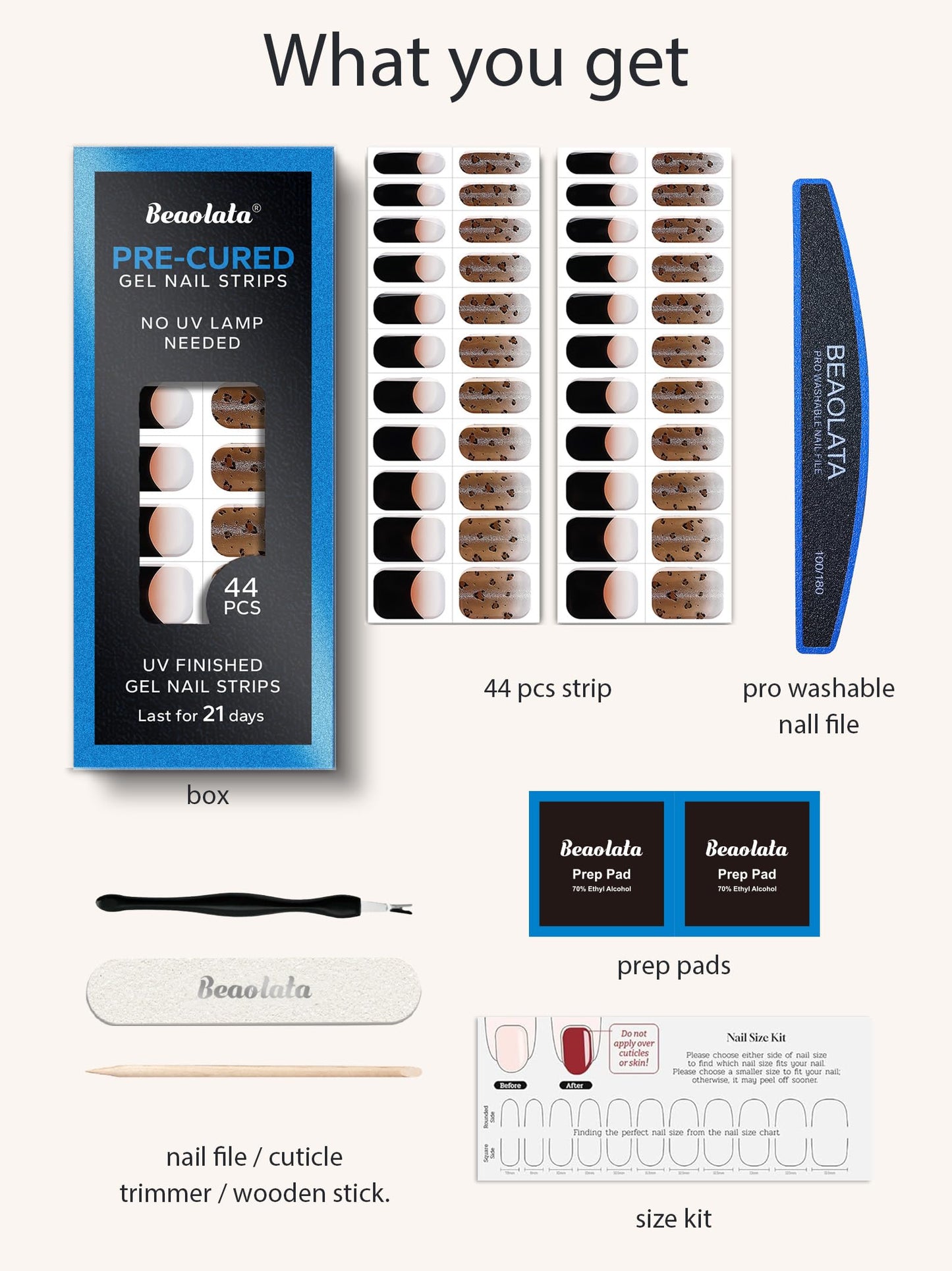 Beaolata Real Gel Nail Strips (No UV Light Needed) - 44Pcs Salon Quality Nail Stickers - Long Lasting Polish Wraps for Women, Easy Apply & Remove (Daring Dusk Black)