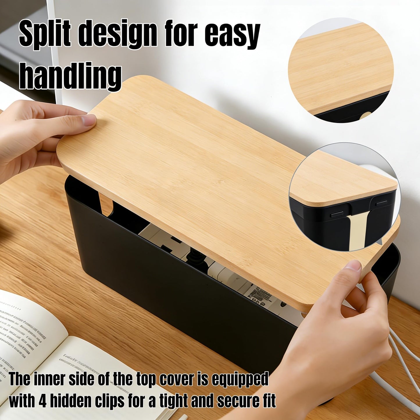 1 Large + 1 Small Cable Management Box Set – 2-Piece Cord Organizer Box, Home Office Desk Wire Storage & Cable Management Solution (Bamboo Lid/Black)