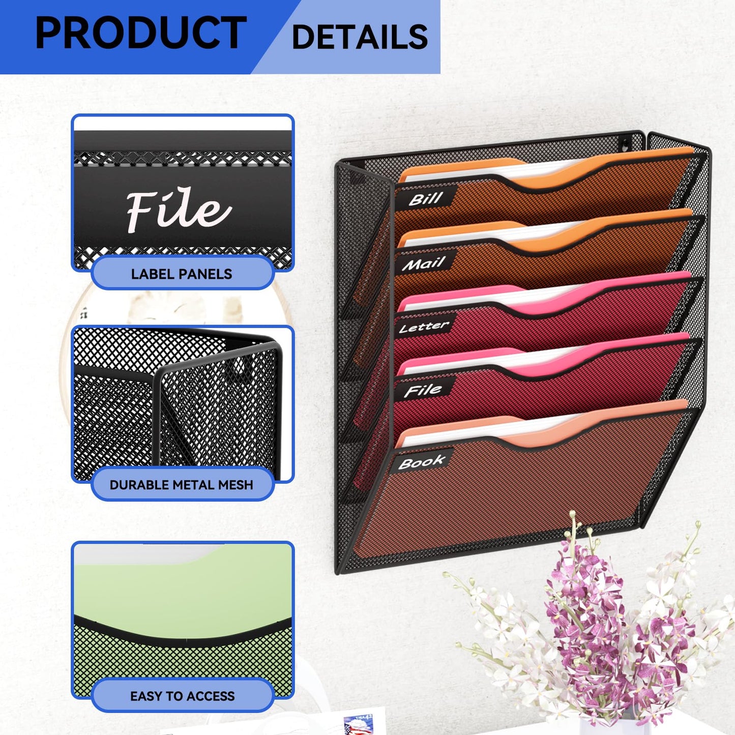 GDINDINFAN 5 Pockets Hanging Wall File Organizer Mail Holder, Wall Mounted Paper Document Folder Holder, Clipboard Storage Organization Magazine Rack, Black