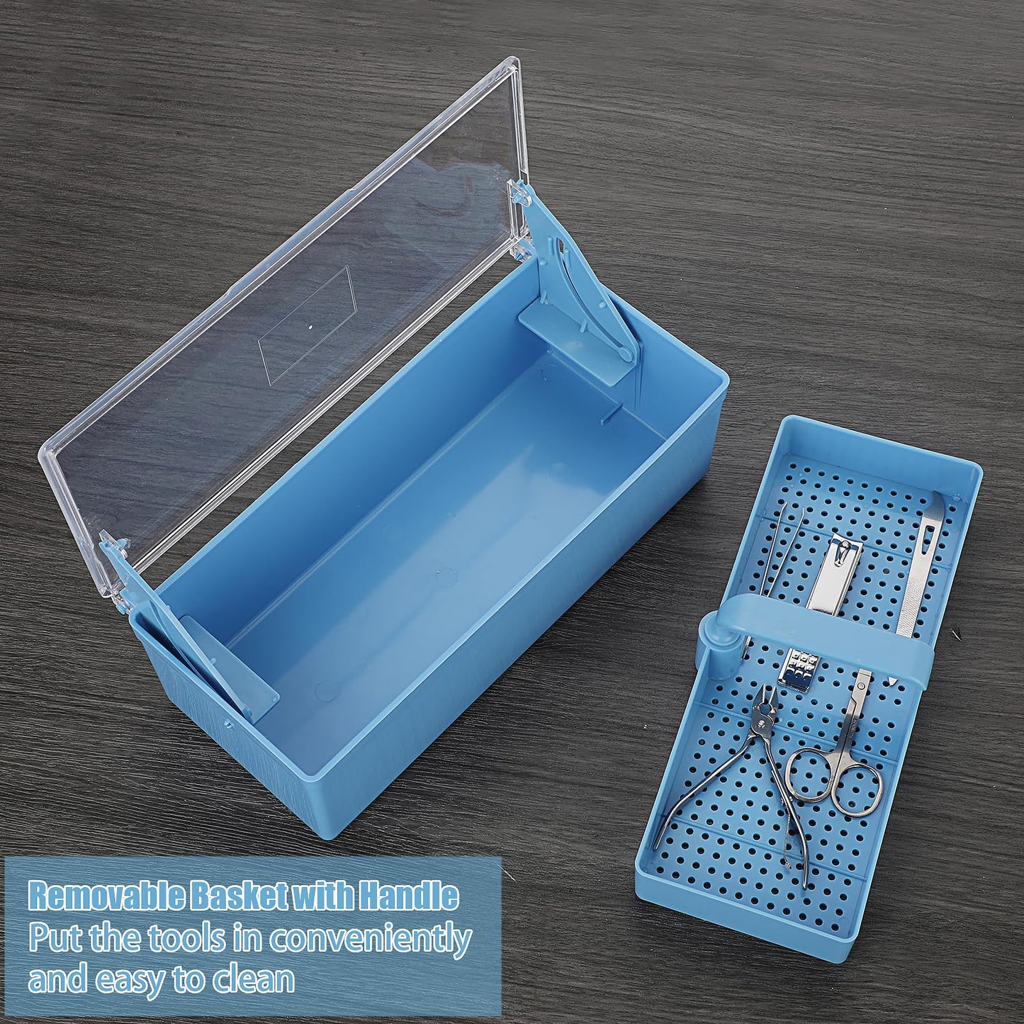 JUXYES Plastic Sterilizing Tray for Nail Art Accessories Tools, Portable Nail Art Tool Sterilizer Tray with Strainer, Storage Box Tool Box for Tweezer Manicure Tools Pedicure Tool