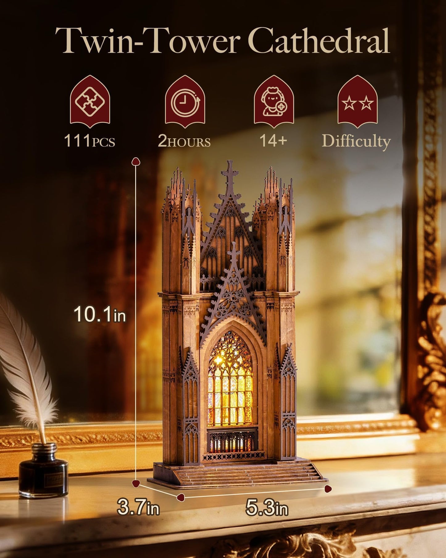 Rolife 3D Wooden Puzzle - Gothic Twin-Tower Cathedral Architecture Model with LED Lights, DIY Craft Building Kit for Adults, Unique Home Decor & Birthday for Hobbyists