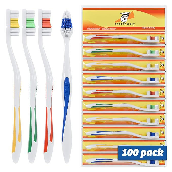 FactorDuty 100 Pack Toothbrush Standard Classic Medium Soft Toothbrush Bulk Individually Wrapped
