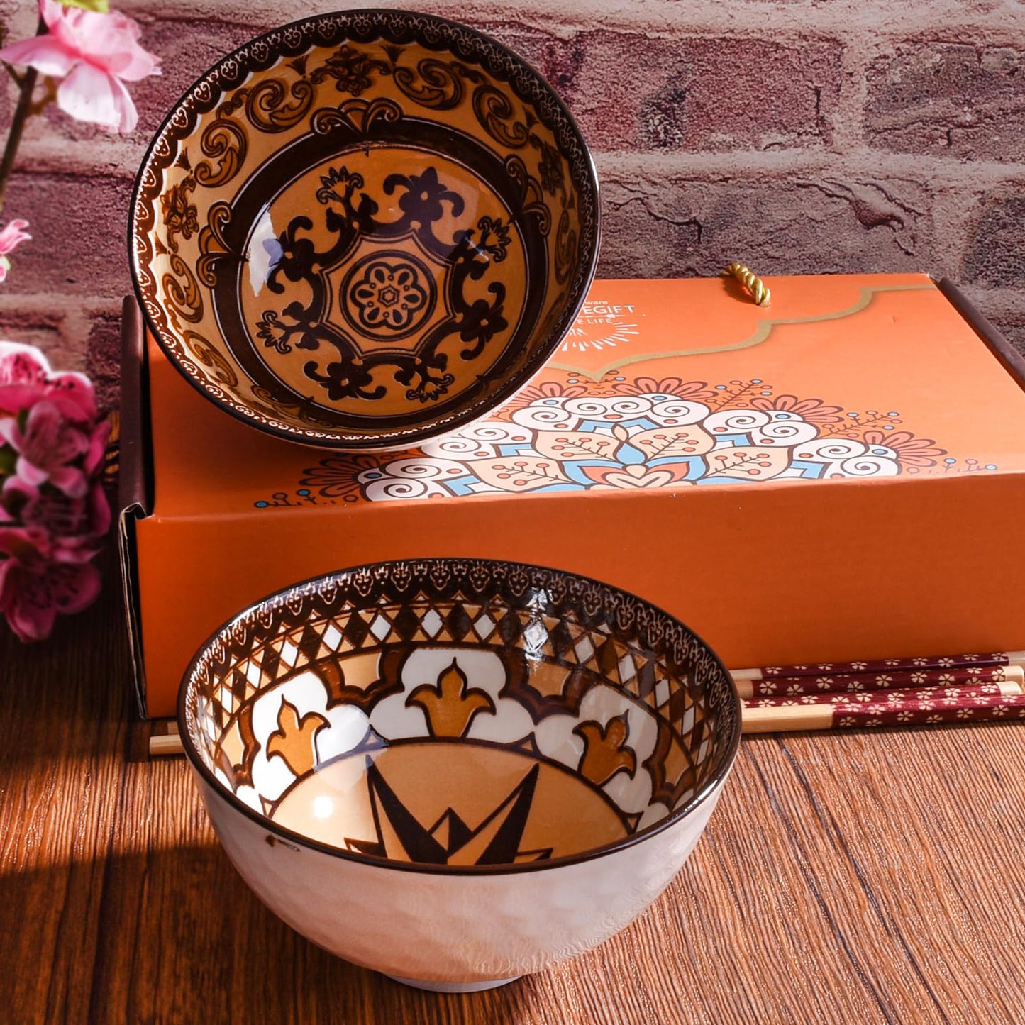 Ceramic Rice Bowl Set with Chopsticks Set of 2, Japanese Style Dining Bowls, Decorative Gift Box Package (2, LM)