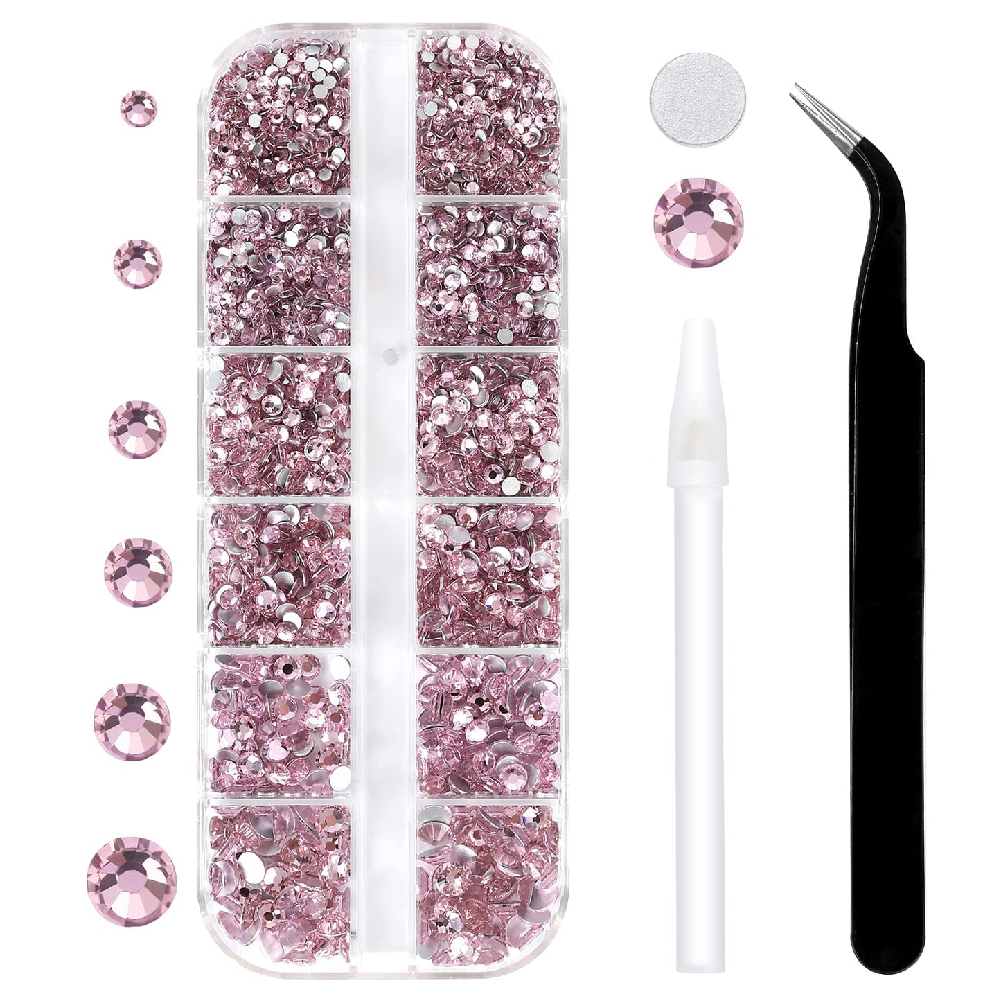 3792pcs Pink Crystal Flatback Rhinestones Glass Diamantes Round Gems for Crafts Nail, Makeup, Clothes, Mixed 6 Sizes with Wax Pencil and Tweezer Kit(SS6~SS20)