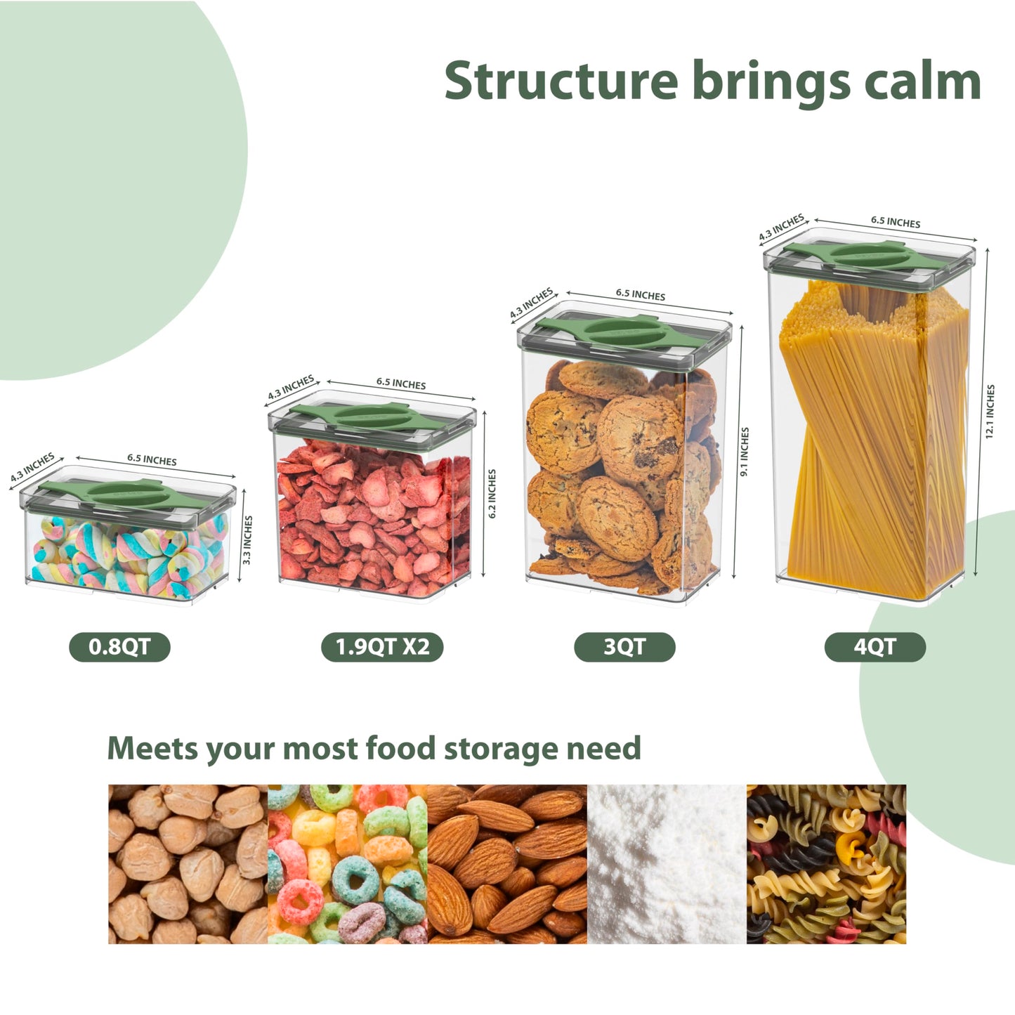 Prestoor 5-Pack SAN Airtight Pantry Storage Container Set, Leakproof Twist-Lock Lids, BPA-Free Stackable Canisters for Sugar, Flour, Pasta, Cereal & Snacks (0.8qt, 1.9qt ×2, 3qt, 4qt)