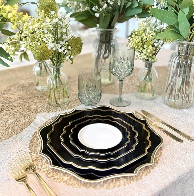 " OCCASIONS " 40 Pieces 13.25'' Scalloped Disposable/Reusable Plastic Charger Plates for Wedding, (Scalloped Imperial Black & Gold)