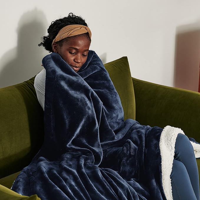 Bedsure Sherpa Fleece Throw Blanket for Couch - Thick and Warm, Soft Fuzzy Plush Throw Blanket for Winter, Navy, 50x60 Inches