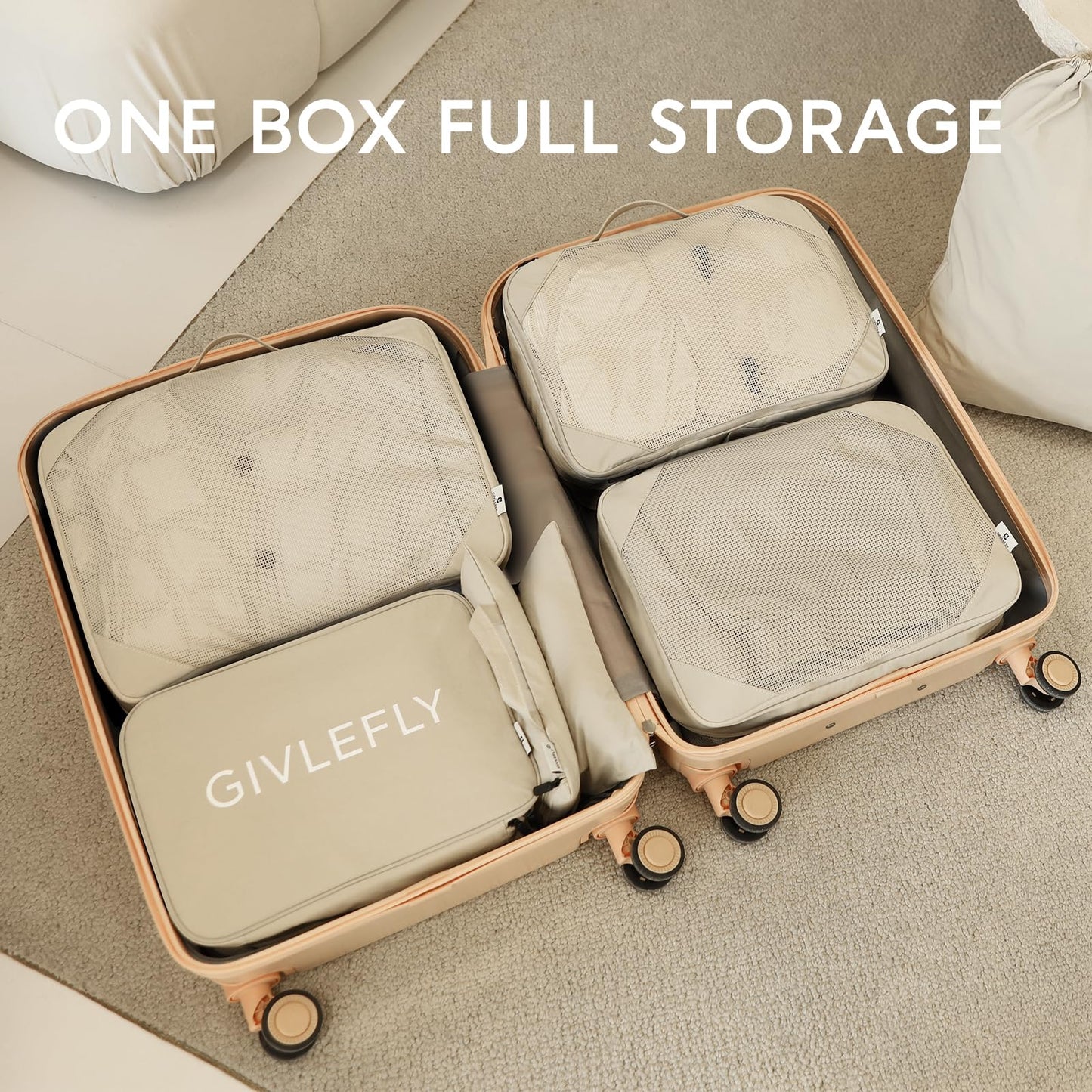 GIVLEFLY 6 Set Compression Packing Cubes for Travel, Lightweight Luggage Organizer Bags, Durable Travel Accessories for Suitcase Organization,Beige