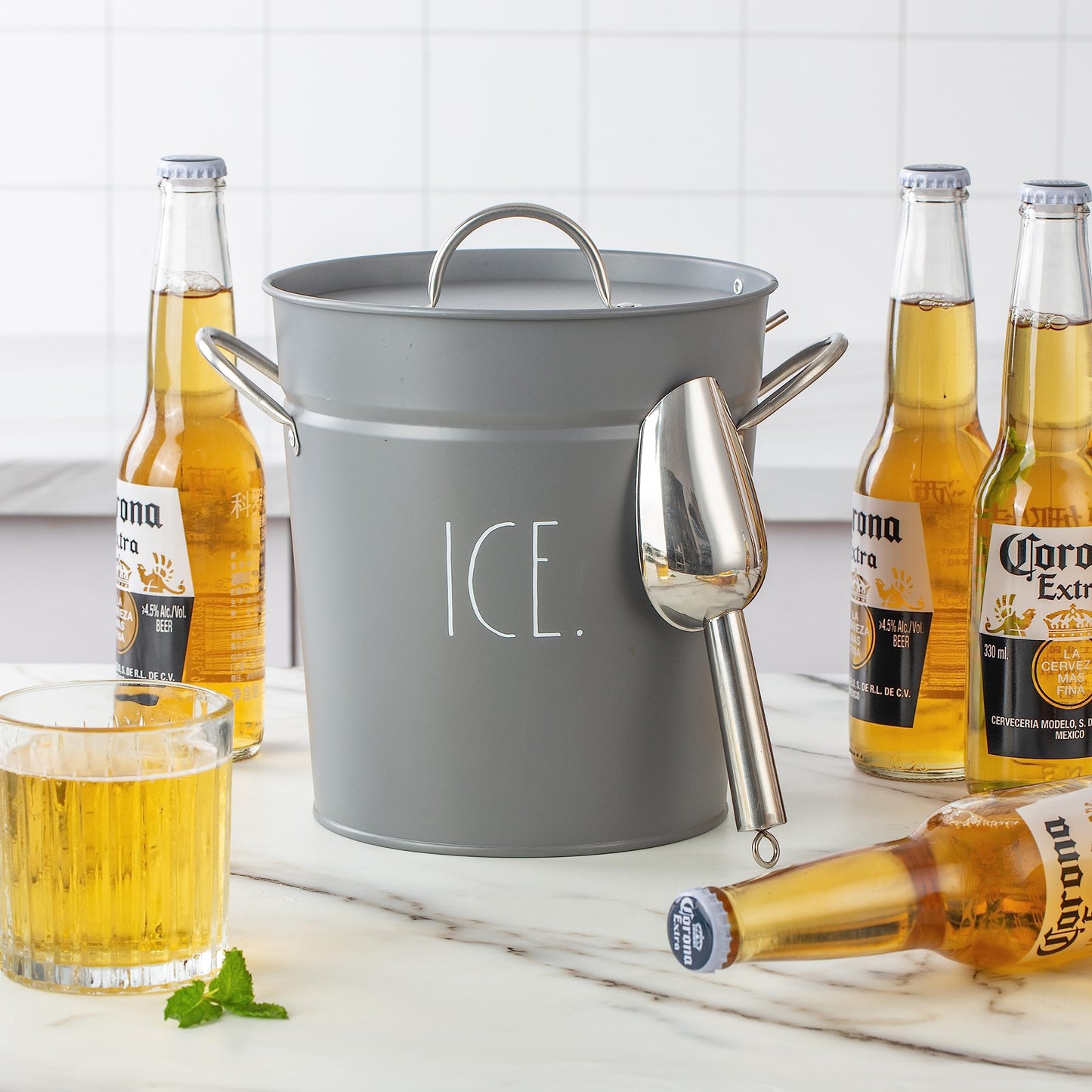 Rae Dunn Ice Bucket with Scoop - Stainless Steel Bucket with Handle, Lid and Ice Scooper - 4 Qt. Storage Bin for Ice Cubes for Bars, Parties, Backyard Barbeques, Picnics, and Camping (Grey)