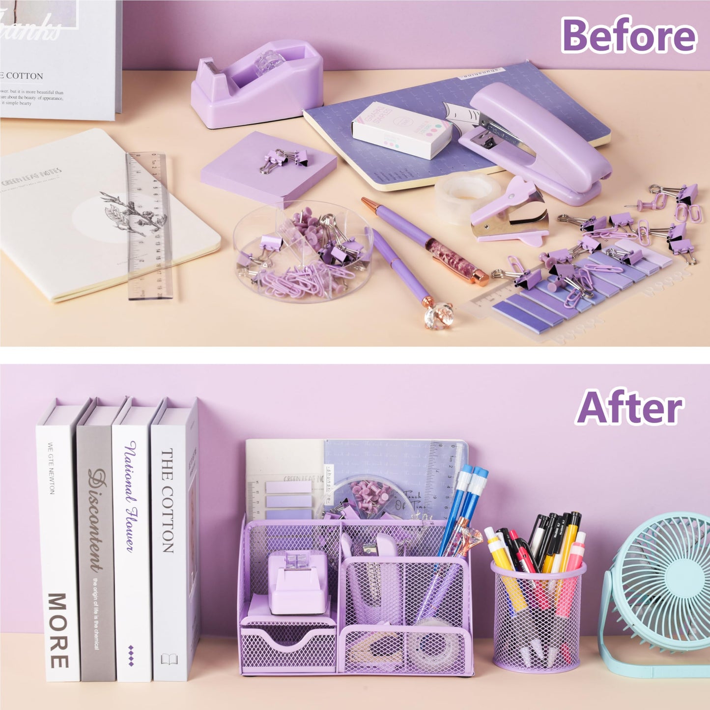 15 Pcs Purple Office Supplies Set Mesh Desk Organizer Accessories Kit Include Stapler Tape Dispenser Staple Remover Clips Ruler Scissors Sticky Notes for Office School Home Women (Purple)