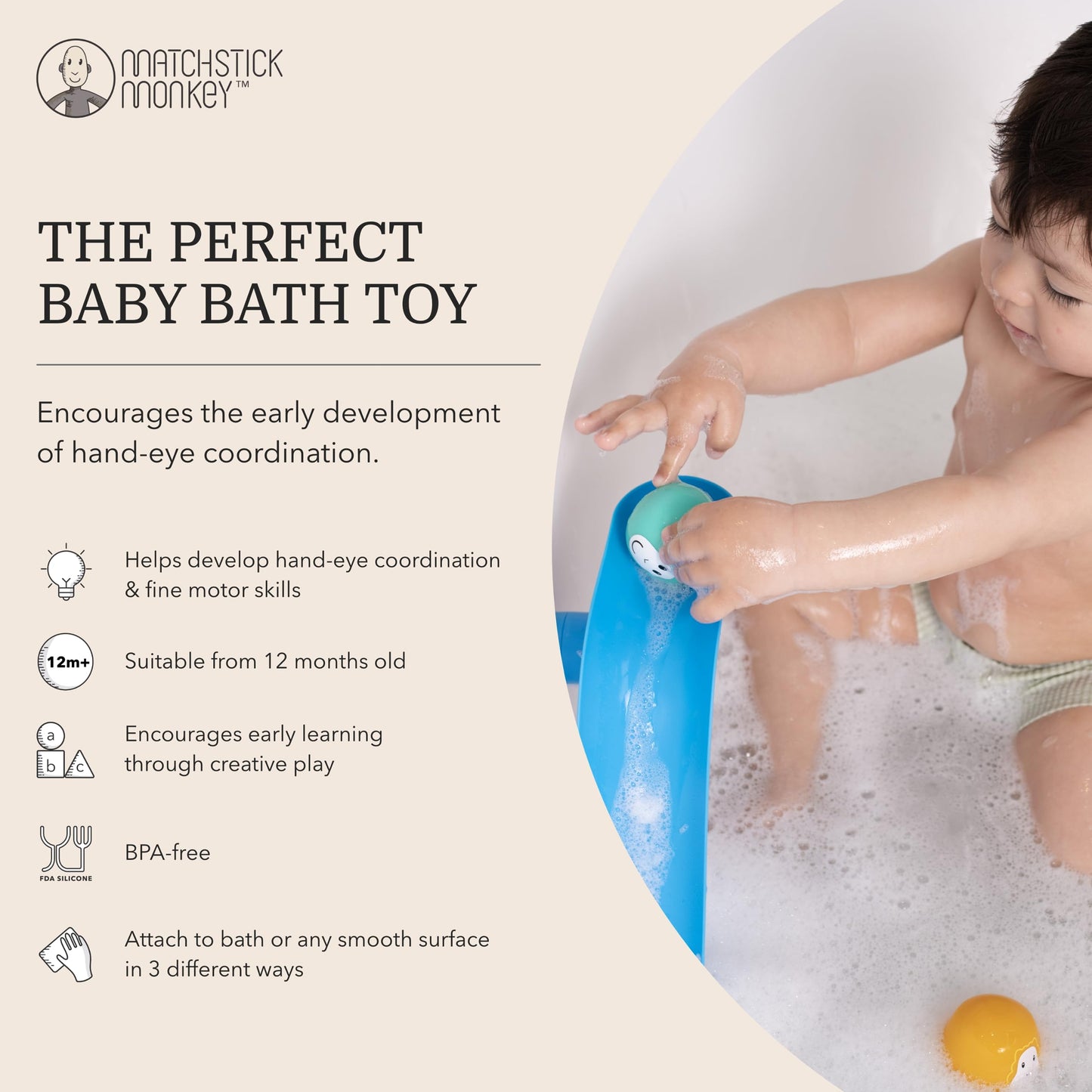 Matchstick Monkey Bath Time Slide Set – Baby Bath Toy, Sensory Learning, Easy-to-Grip Animal Rocks, Encourages Motor Skills & Water Play, BPA-Free, 12 Months+, Blue