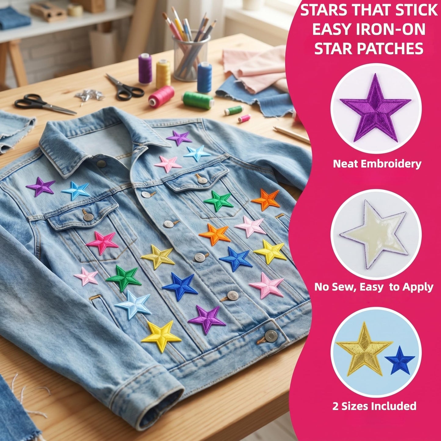 132 Pcs Varsity Letter Patches Kit - 104 Self Adhesive Chenille Letters & 28 Iron On Stars, No-Sew Fabric Patches for Clothes, Jackets, Backpacks, Hats, DIY Crafts (2.17", Multi-Color)