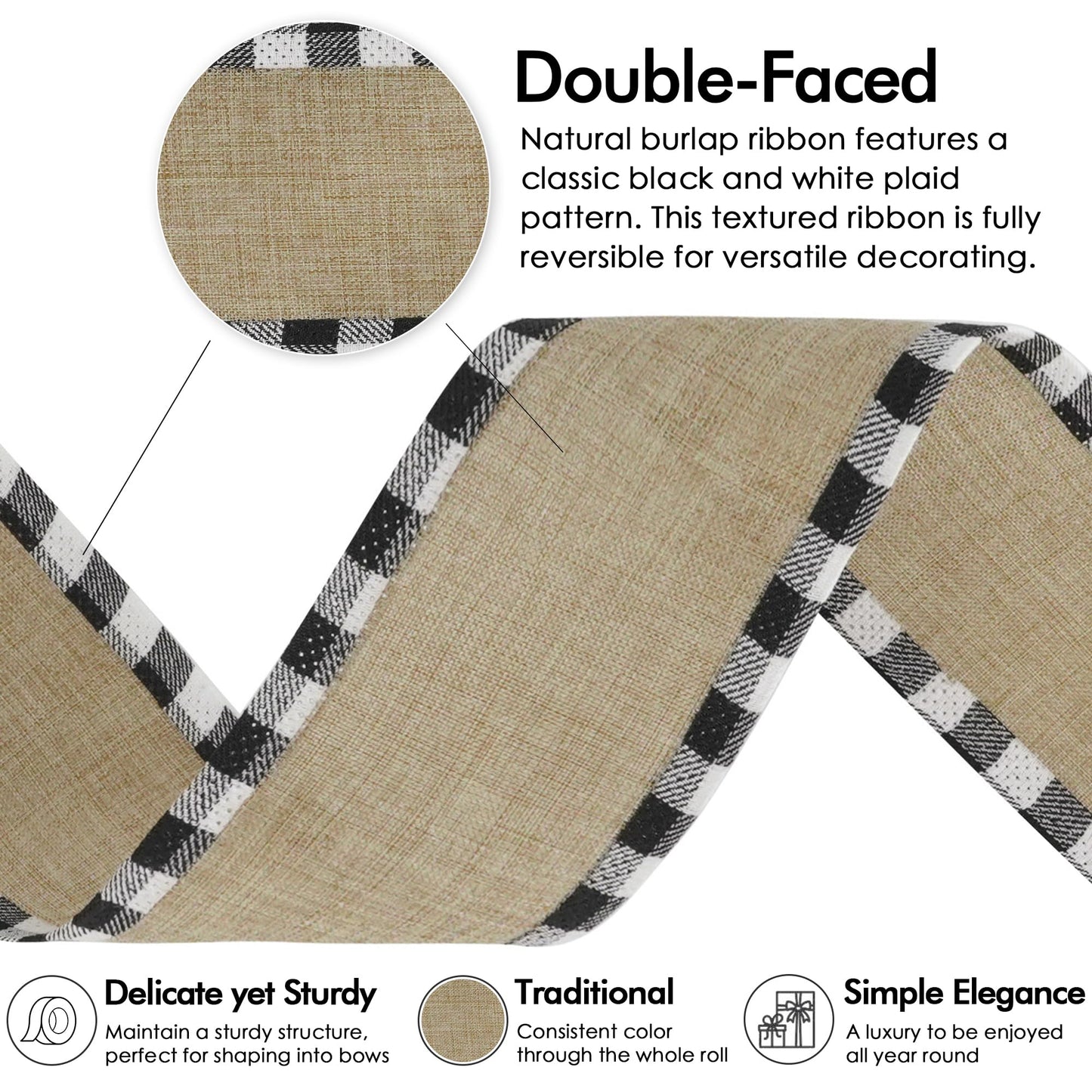 MEEDEE Burlap Christmas Ribbon Wired 2.5 Inch Plaid with Black and White Checkered Edging 10 Yards for Christmas Tree and Wreath Making