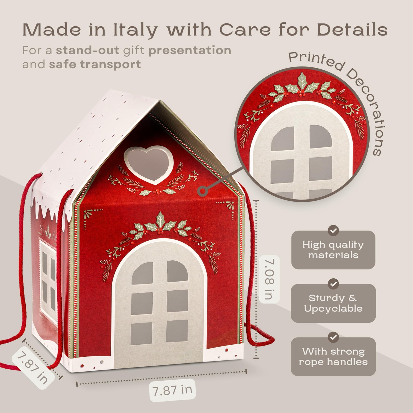 Pack of 5 House Shaped Gift Boxes (7.87 x 7.87 x 7.08 inch) - Mansion Ideal for Presents and for Treats - Red Christmas