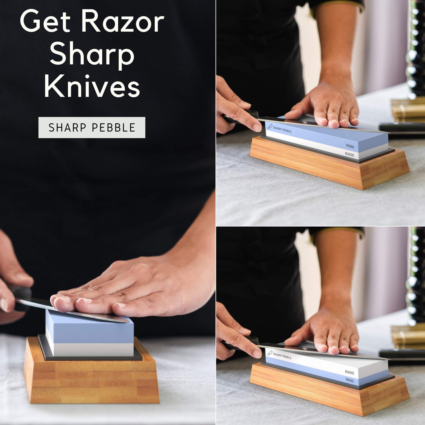 Sharp Pebble Knife Sharpening Stones Kit with 1000/6000 and Classic Leather Strop with Angle Guide & Green Compound
