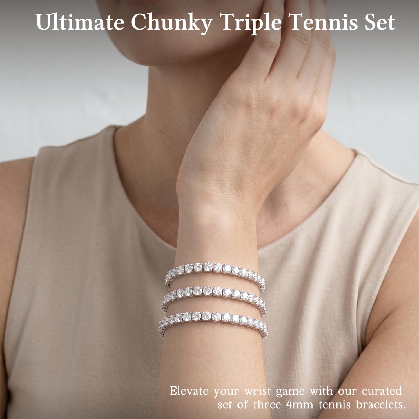 Chunky 4mm Silver Tennis Bracelet Set for Women, Sterling Silver Plated Triple Stackable Large Zirconia Bracelets, Bold Statement Jewelry, 3-Piece Heavy-Shine Link Set, Y2K Fashion Accessory