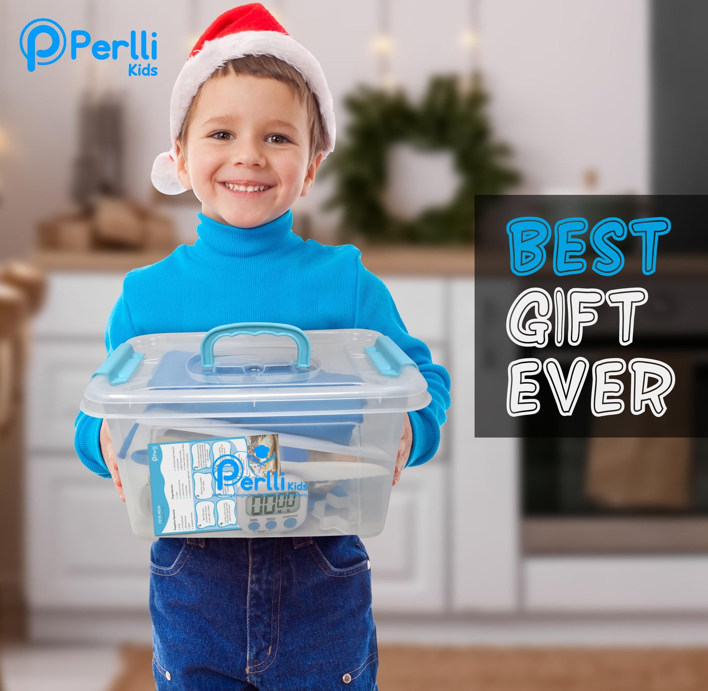PERLLI Kids Real Cooking Set for Cooking and Baking – 31 Pc. Gift for Junior Chef with Real Utensils, Case & Safe Kids Knife Set for Boys & Girls – Fine Motor Skills & Fun for Children Ages 6+, Blue